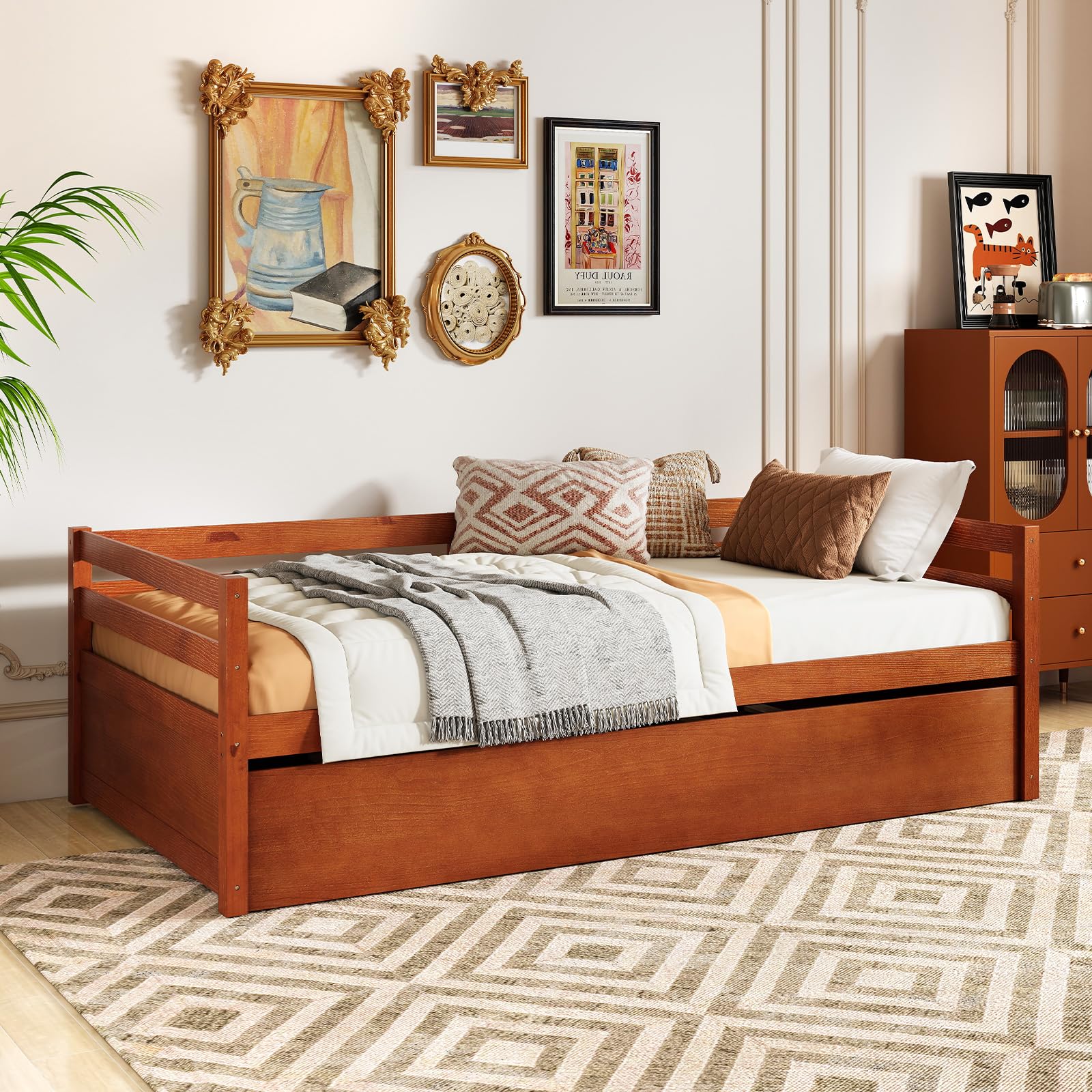 Twin Daybed with Trundle, Wood Trundle Bed with Wood Slat Support