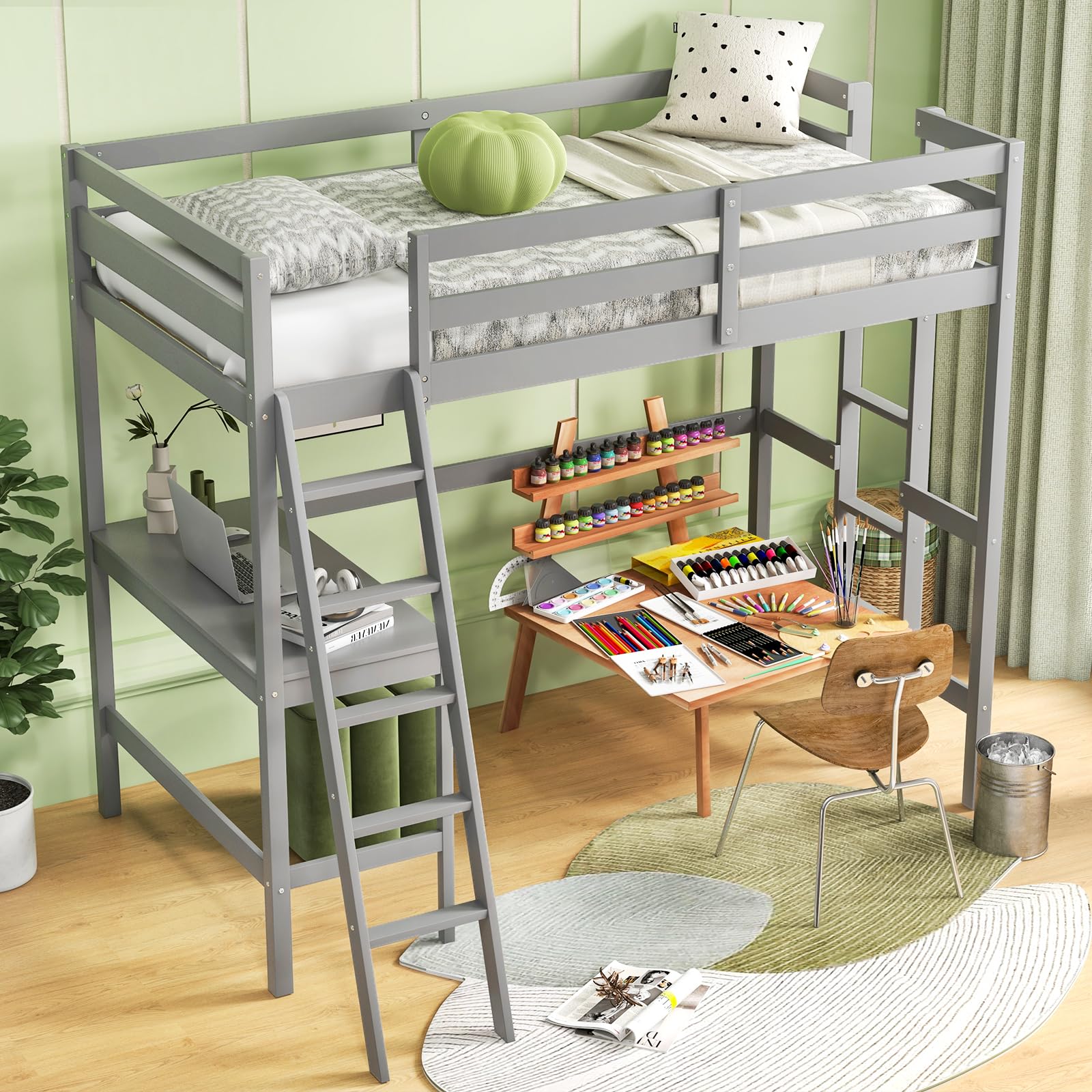 Twin Size Wood Loft Bed with Desk, 2 Ladders, Full Length Guardrail for Kids Teens Adults