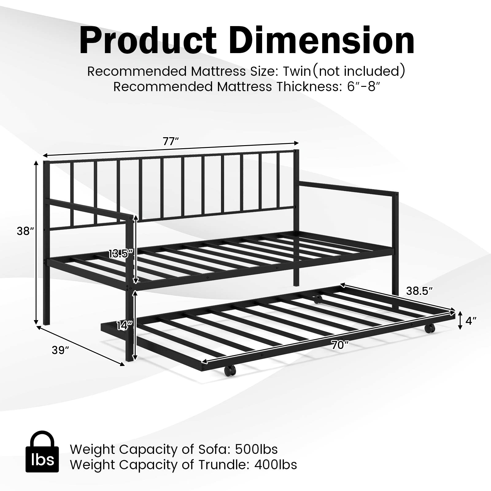 Twin Metal Daybed with Trundle, Metal Sofa Bed & Pull-Out Trundle Set with Lockable Casters