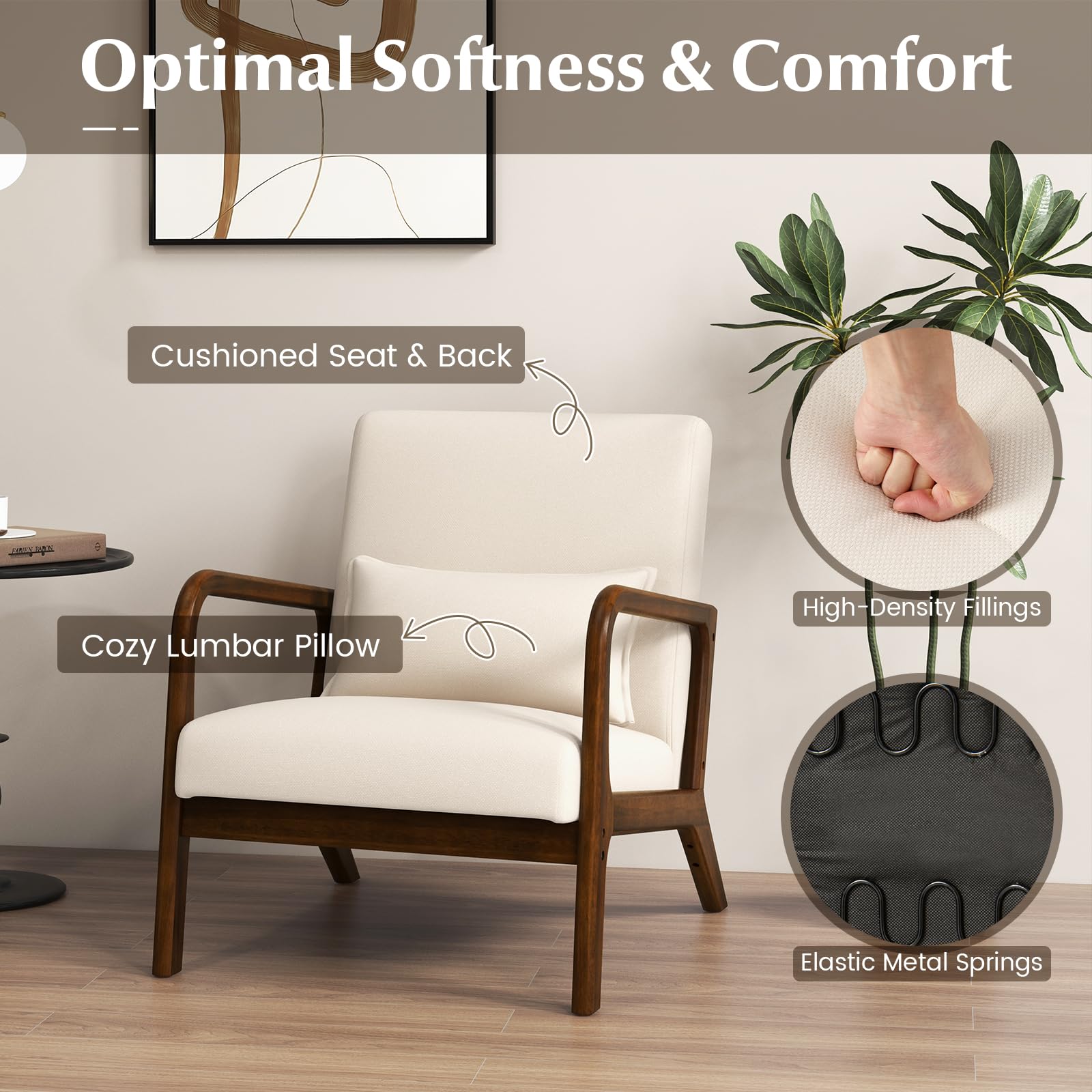 Mid Century Modern Chair, Indoor Living Room Leisure Accent Chair with Cushioned Seat & Back