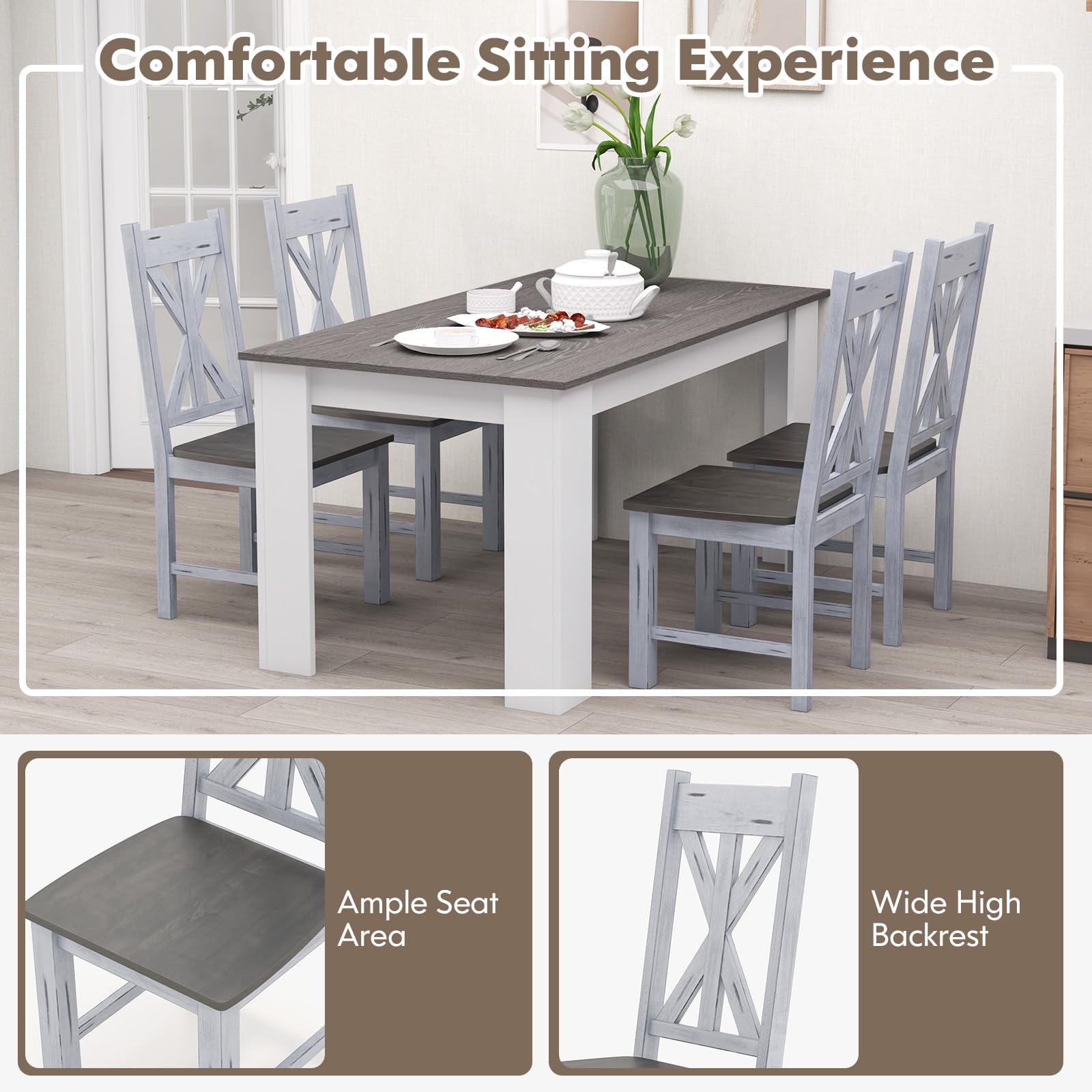 Retro Wooden Dining Chairs Set of 2/4, Farmhouse Kitchen Chairs w/Rubber Wood Frame, Elegant Hollowed Backrest
