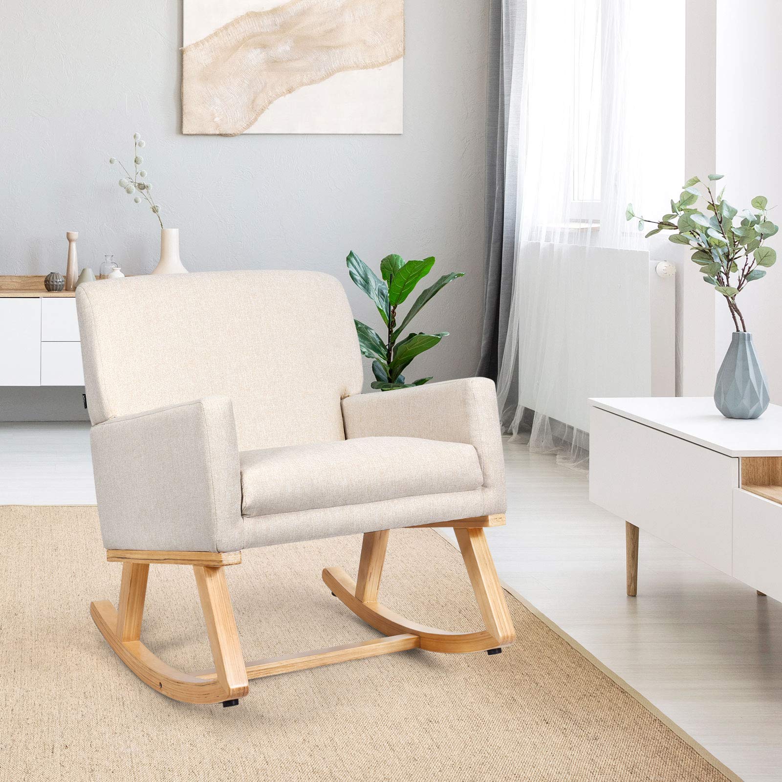 Upholstered Rocking Chair with Fabric Padded Seat and Solid Wood Base