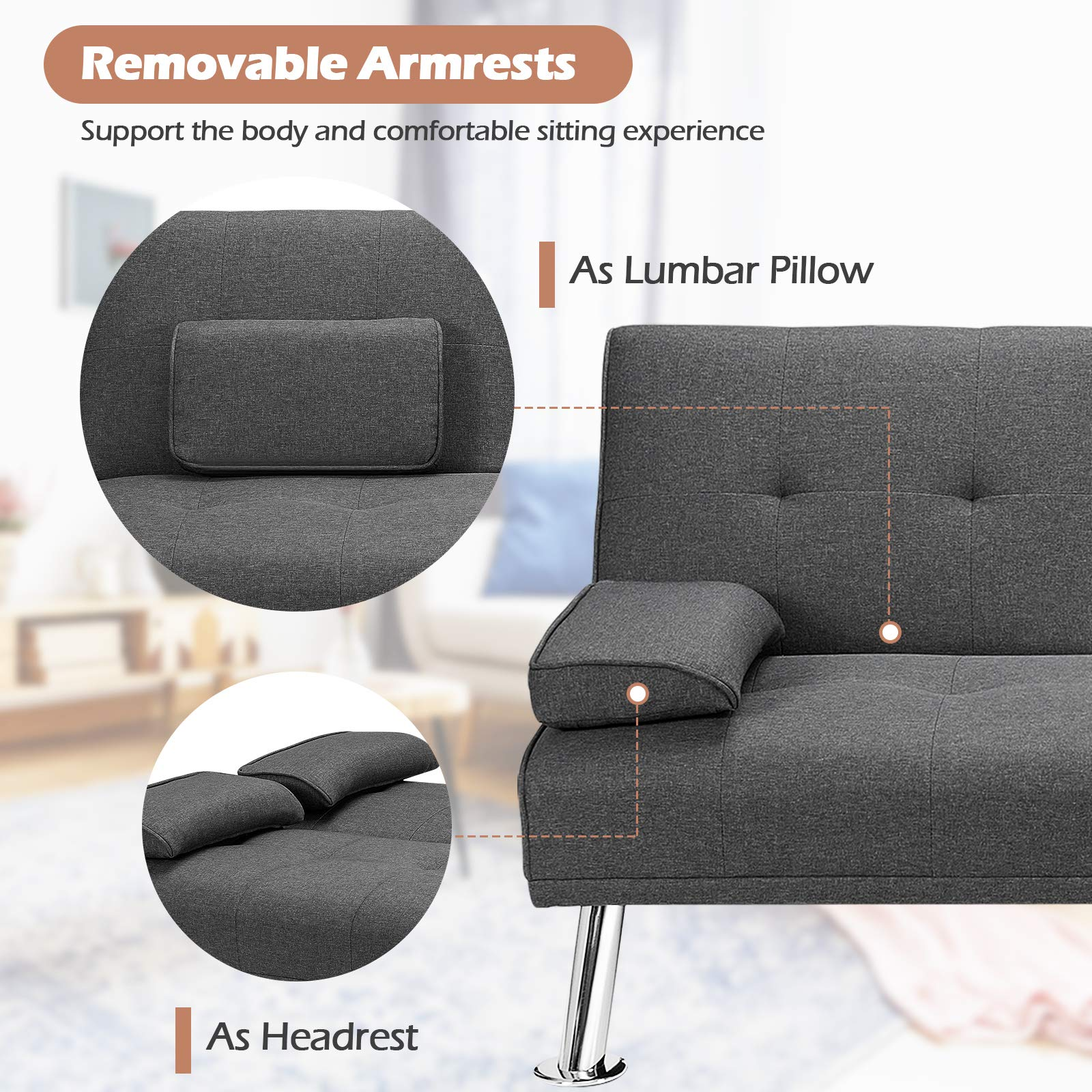 Convertible Futon Sofa Bed with Adjustable Backrest & Removable Armrests, 2 Cup Holders