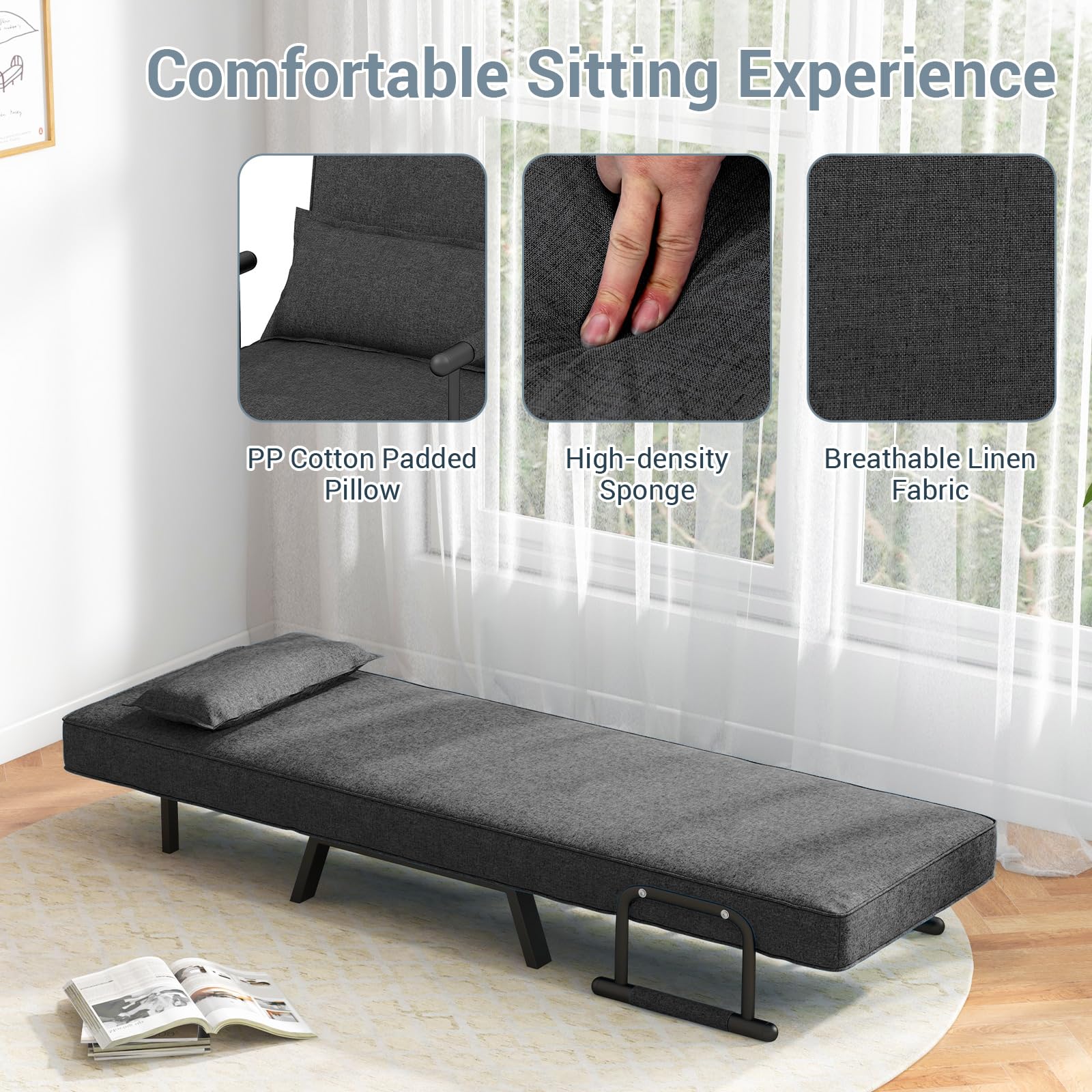 Convertible Upholstered Sleeper Chair Bed with Pillow, 4-in-1 Folding Sofa Bed with 6-Position Adjustable Backrest