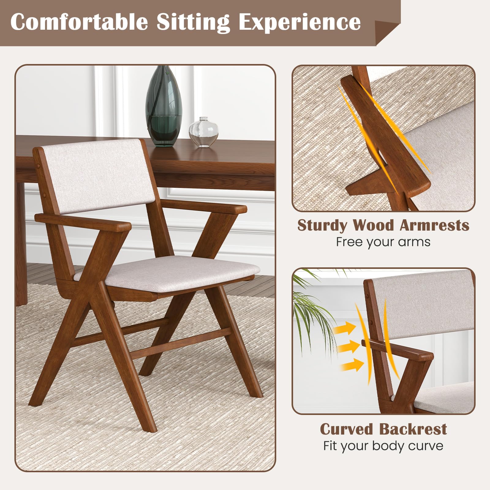 Wooden Dining Chairs Set of 2/4 w/Armrests, Rubber Wood Frame, Padded Seat & Back