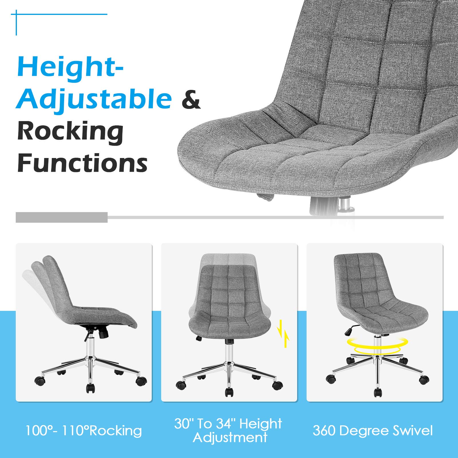 Modern Home Office Chair, Fabric Armless Leisure Chair w/Stable Metal Base and Rocking Function