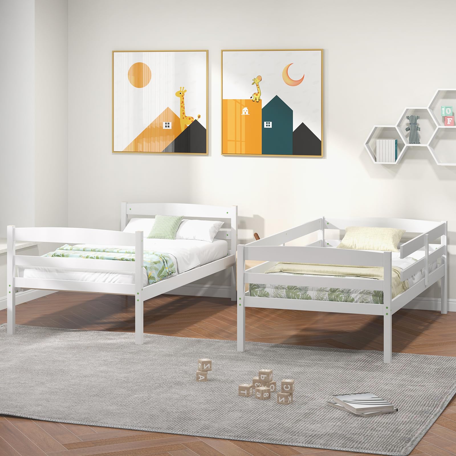 Twin Over Twin Wood Bunk Bed with Full-Length Guardrail & Integrated Ladder