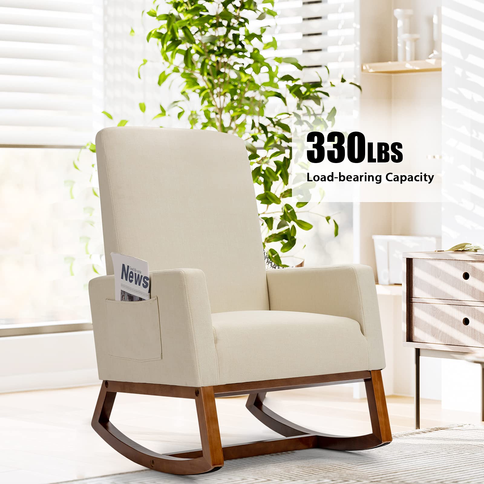 Rocking Chair, High Back Upholstered Lounge Armchair w/Side Pocket