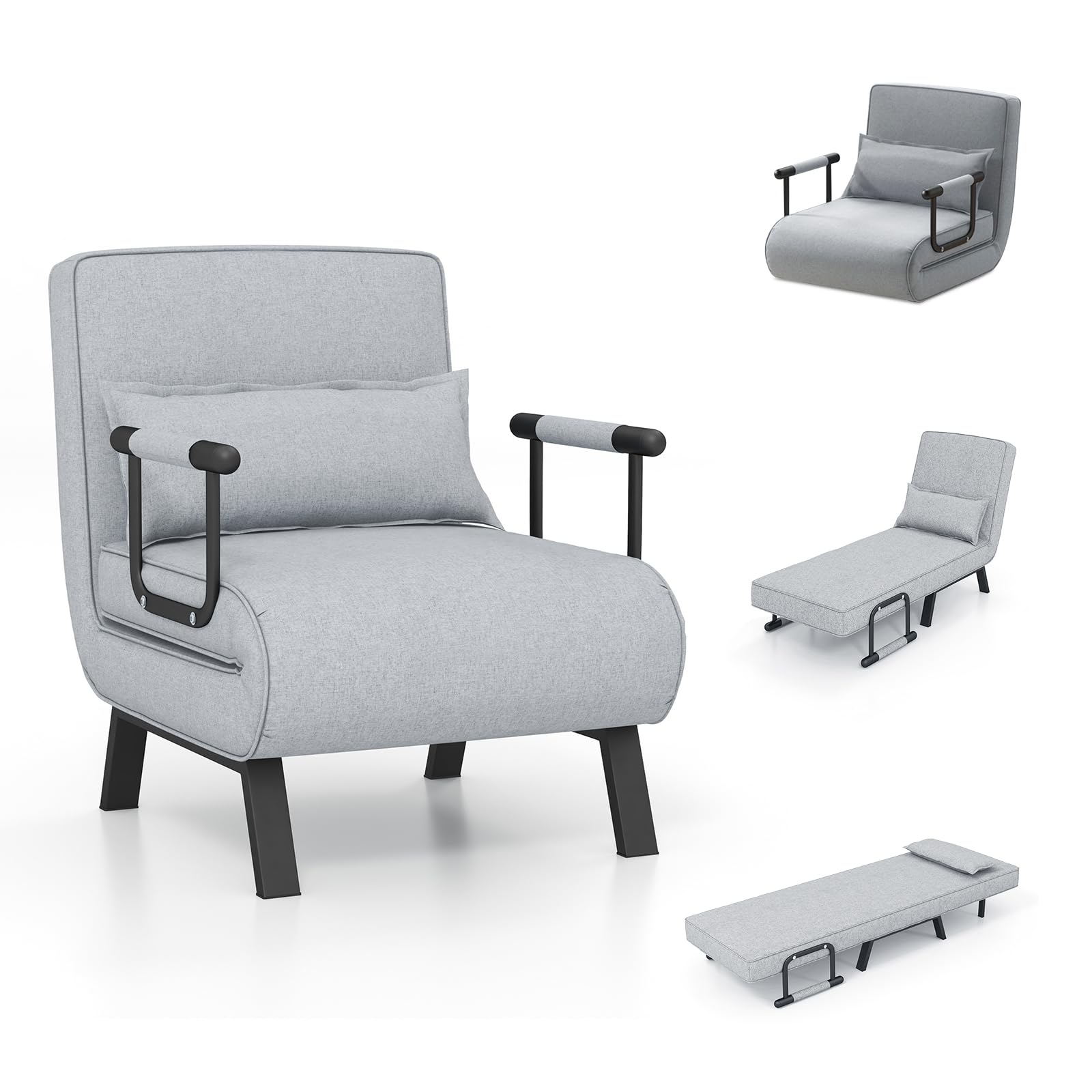 Convertible Upholstered Sleeper Chair Bed with Pillow, 4-in-1 Folding Sofa Bed with 6-Position Adjustable Backrest