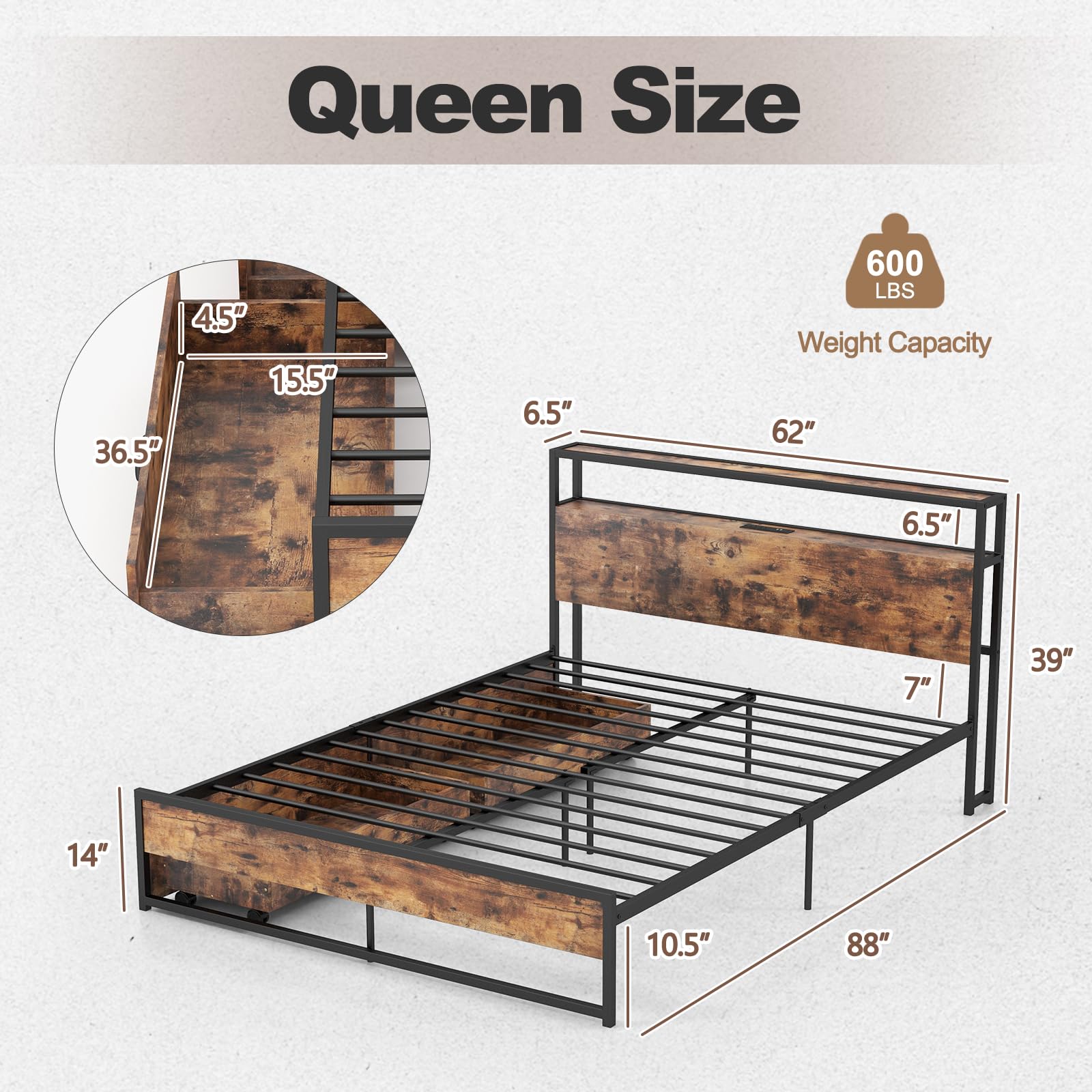Bed Frame with 2 Storage Drawers and Charging Station, Rustic Metal Slats Support Mattress Foundation