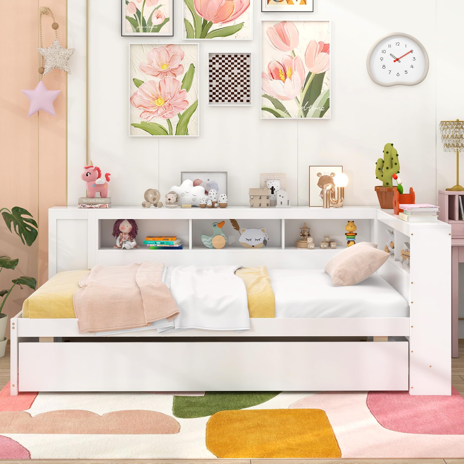 Twin Wood Daybed with Trundle, Storage Headboard, Reversible Bookcase, Bedside Shelves & Wooden Slats