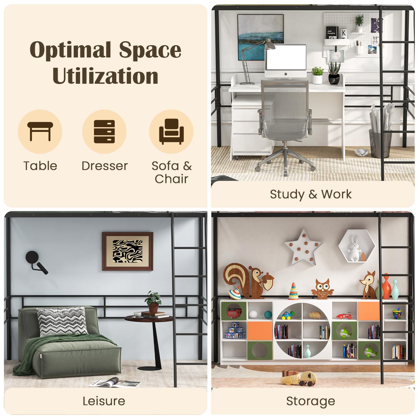 Twin Size Loft Bed, Metal Loft Bed Frame with Ladder & Safety Guardrail