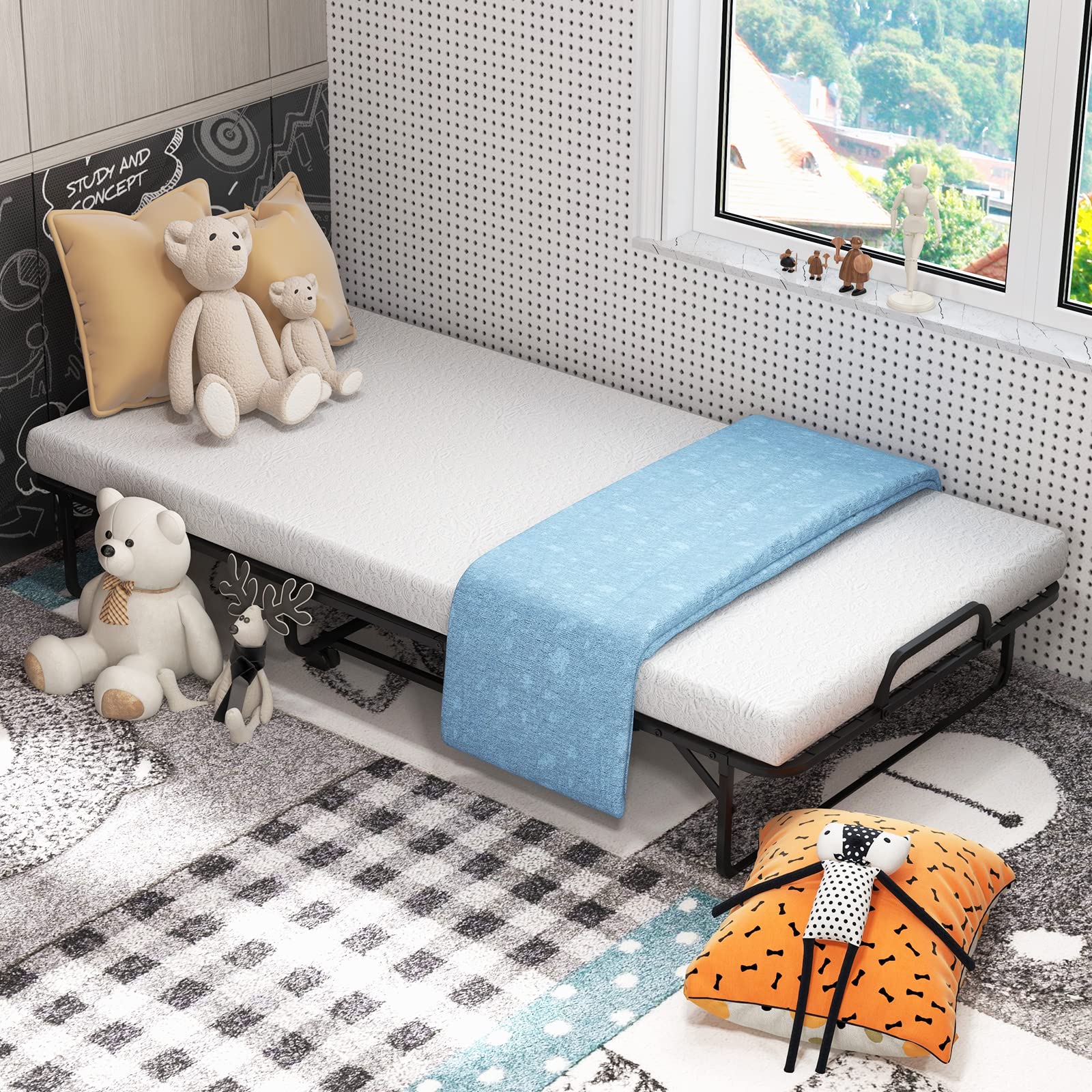 Folding Bed with 4" Mattress for Adults, Twin Size Rollaway Guest Beds w/Sturdy Metal Frame & Memory Foam Mattress