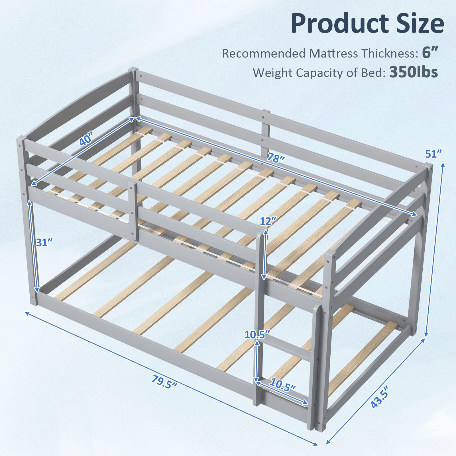 Twin Over Twin Solid Wood Low Bunk Bed with Full Guardrails & Integrated Ladder