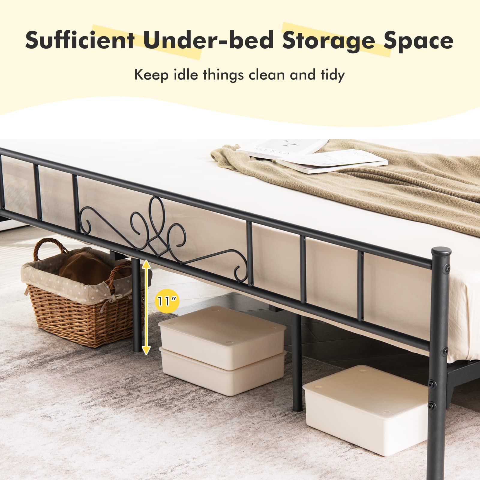 Metal Platform Bed Frame with Headboard & Footboard, Reinforced Metal Slats Supported Mattress Foundation