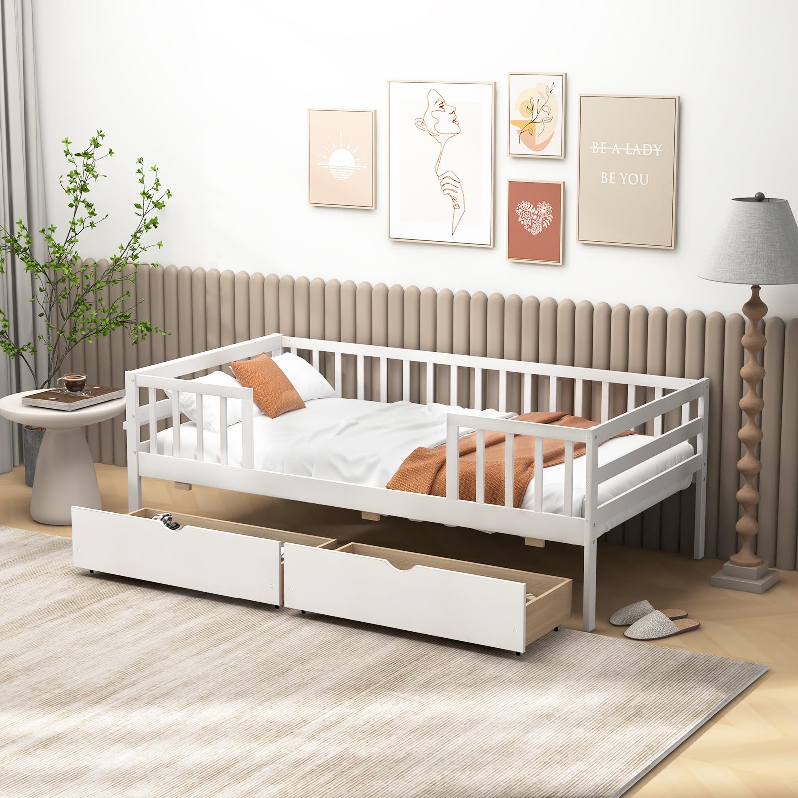 Wood Twin Bed Frame with Fence Rails & 2 Pull-Out Drawers