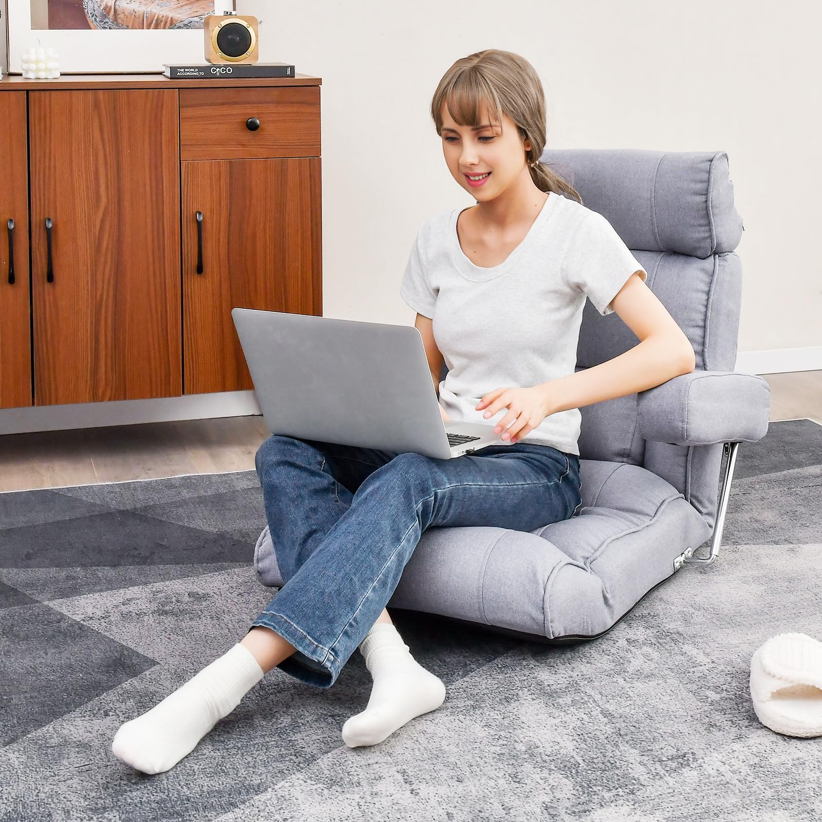 Adjustable Folding Floor Sofa Chair, Upholstered Indoor Chaise Lounge with 6-position