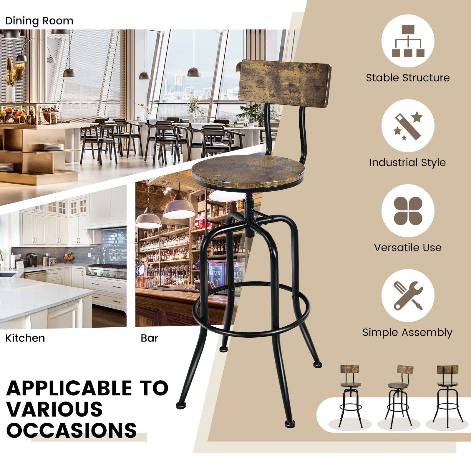 Bar Stools Set of 2/4, Industrial Counter Height Bar Chairs with Height Adjustable Seat, Arc-shaped Backrest & Footrest