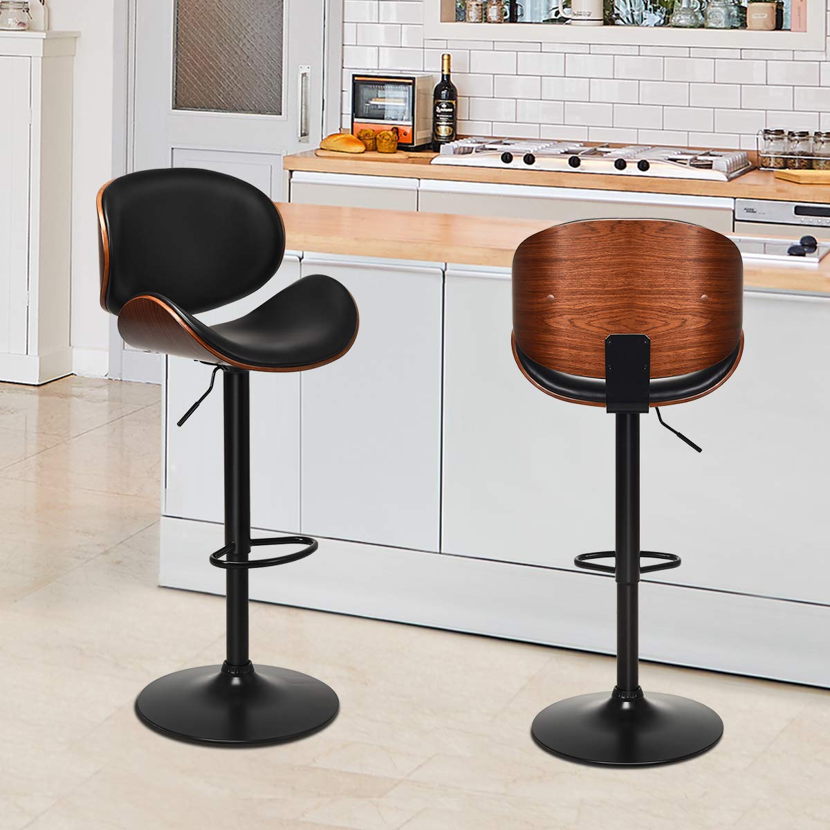 Bar Stools Set of 2/4, Adjustable Swivel Bentwood Barstools with Back, Large Iron Base, 360 Degree PU Leather Seat and Curved Footrest