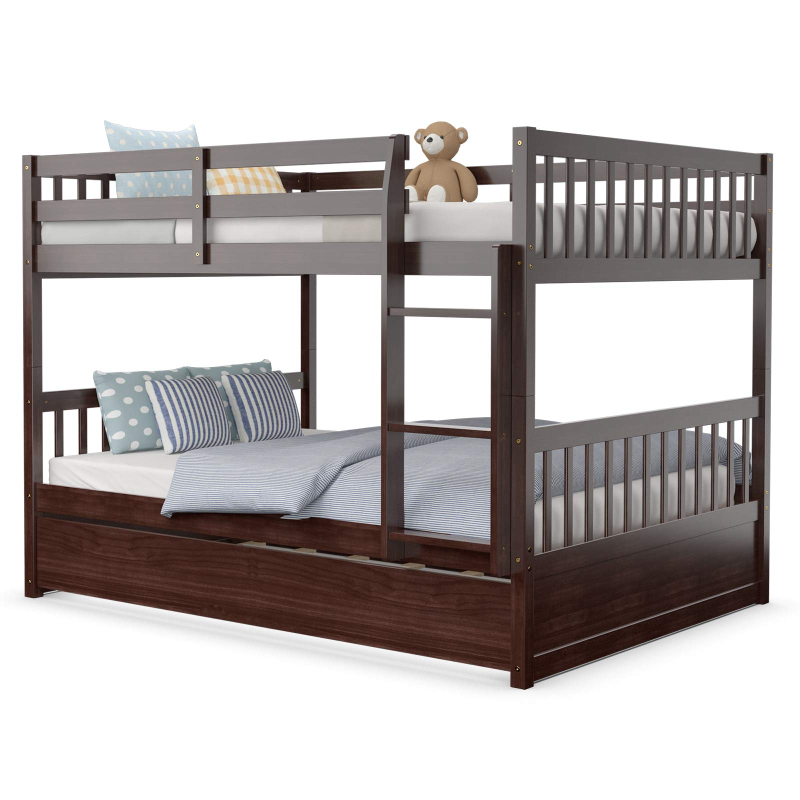 Full Over Full Wood Bunk Bed with Trundle, Ladder, Solid Wood Frame & Safety Guardrails