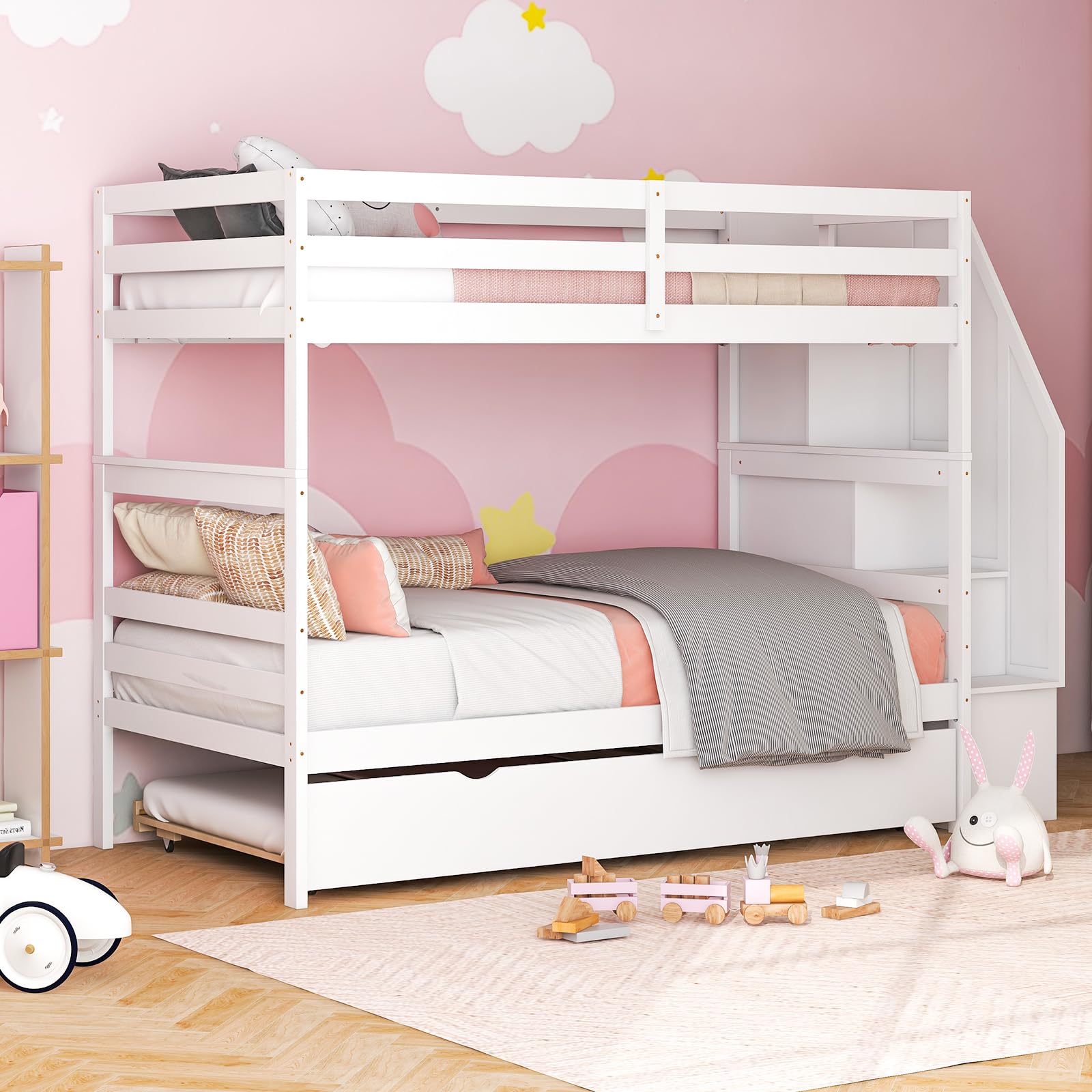 Twin Over Twin Wood Bunk Bed with Trundle & Storage Stairs, Convertible to 2 Separated Beds