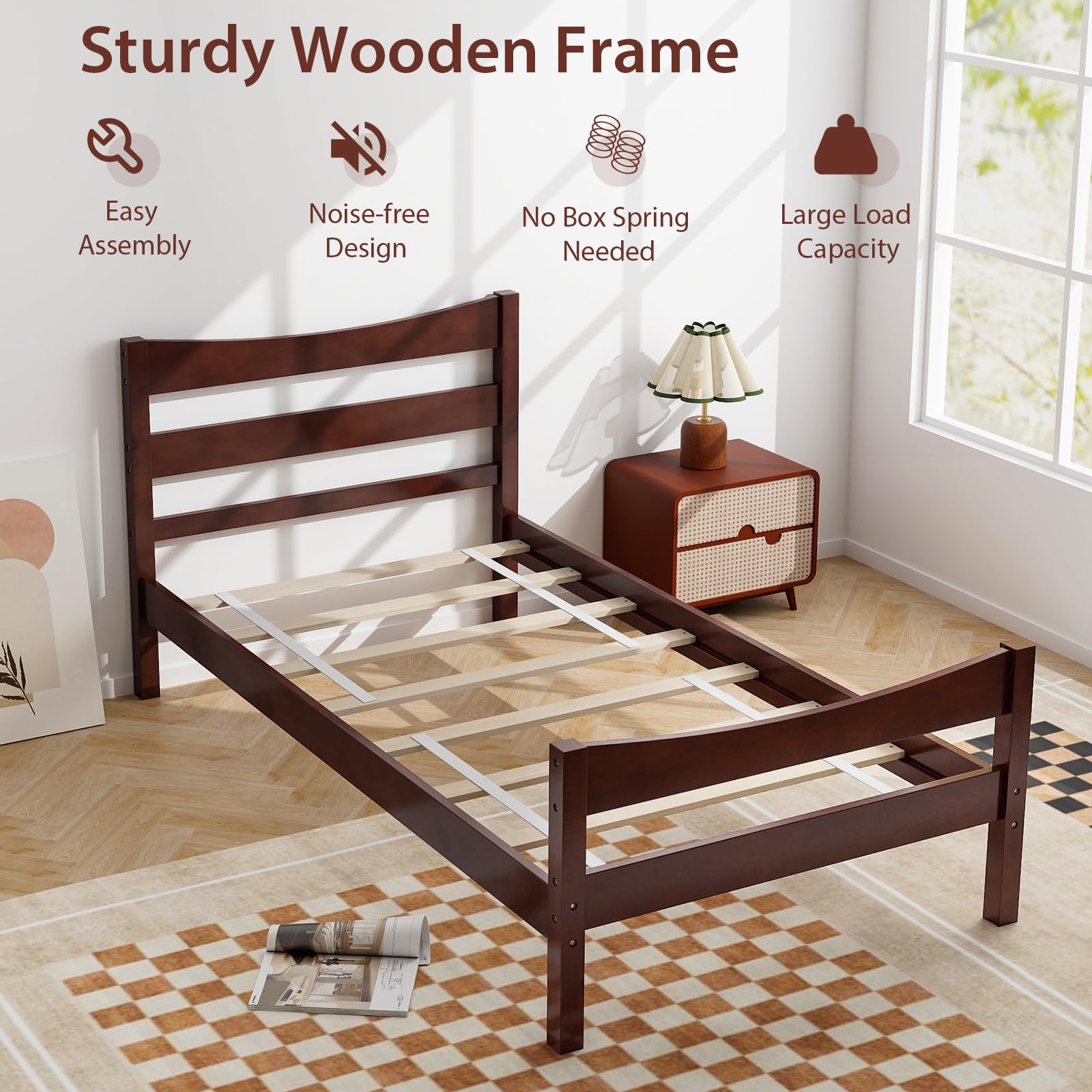 Twin Size Wood Bed Frame, Rustic Style Platform Bed w/Headboard & Footboard