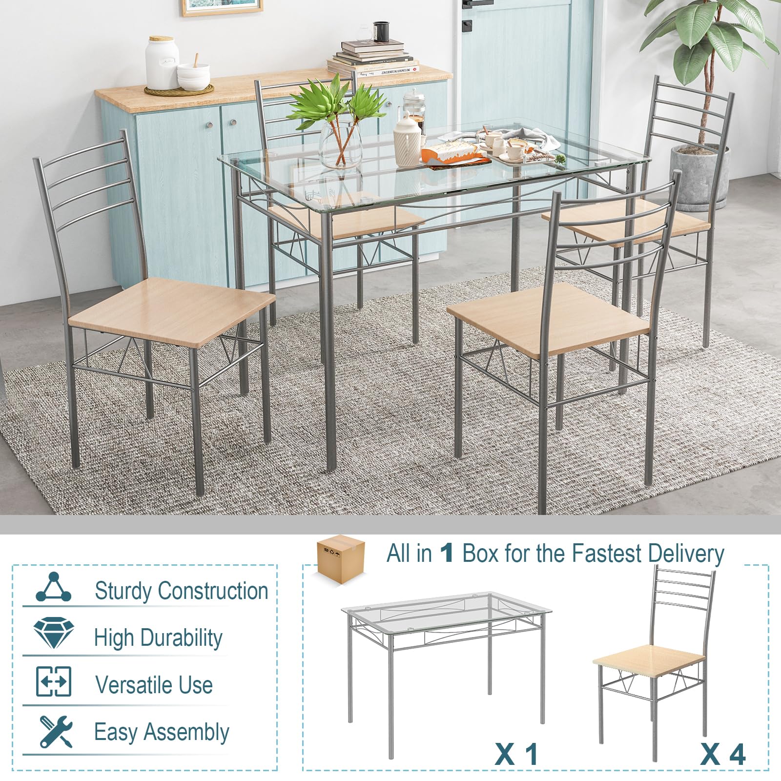 5 Piece Dining Table Set, Kitchen Dining Set with Tempered Glass Table Top and 4 Chairs
