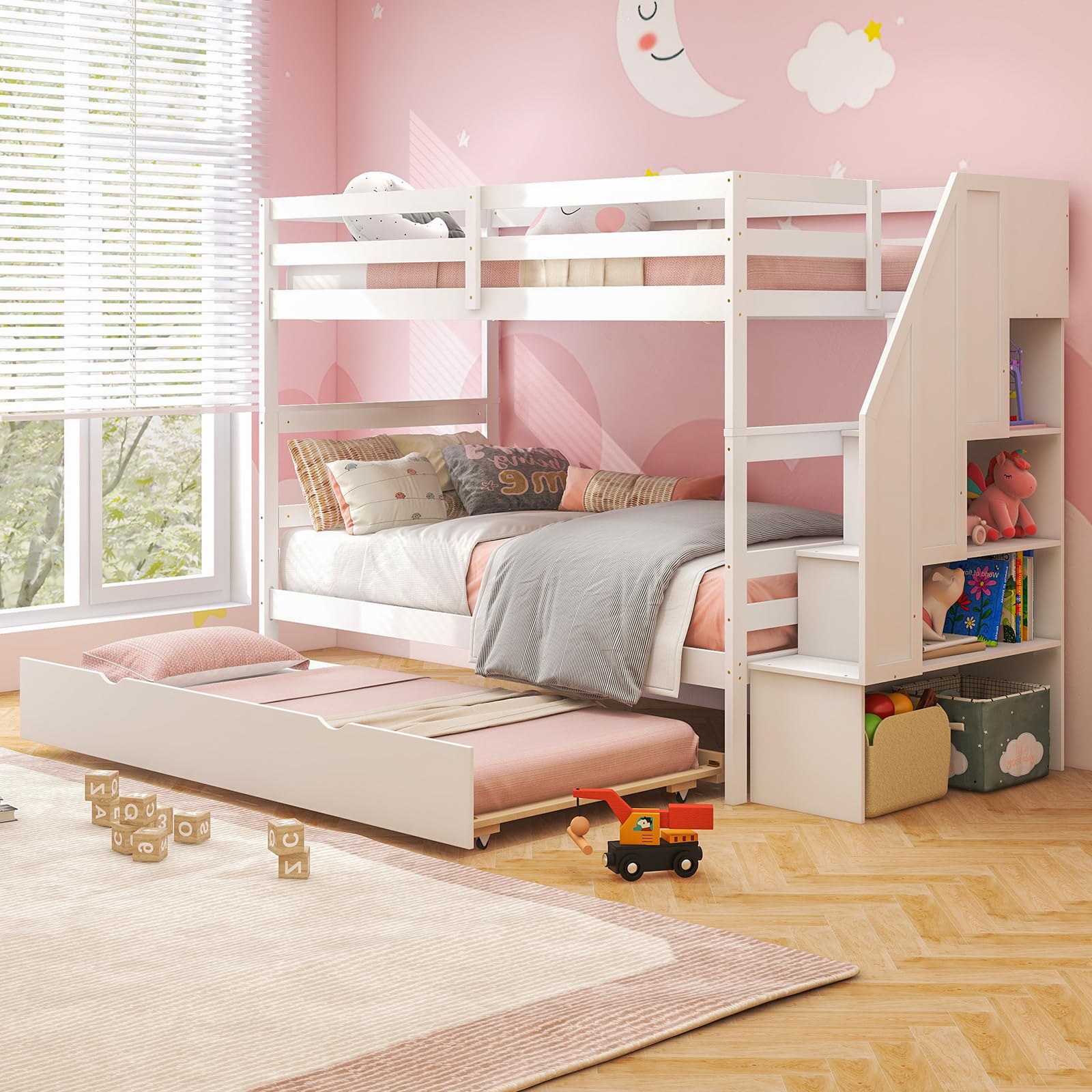Twin Over Twin Wood Bunk Bed with Trundle & Storage Stairs, Convertible to 2 Separated Beds