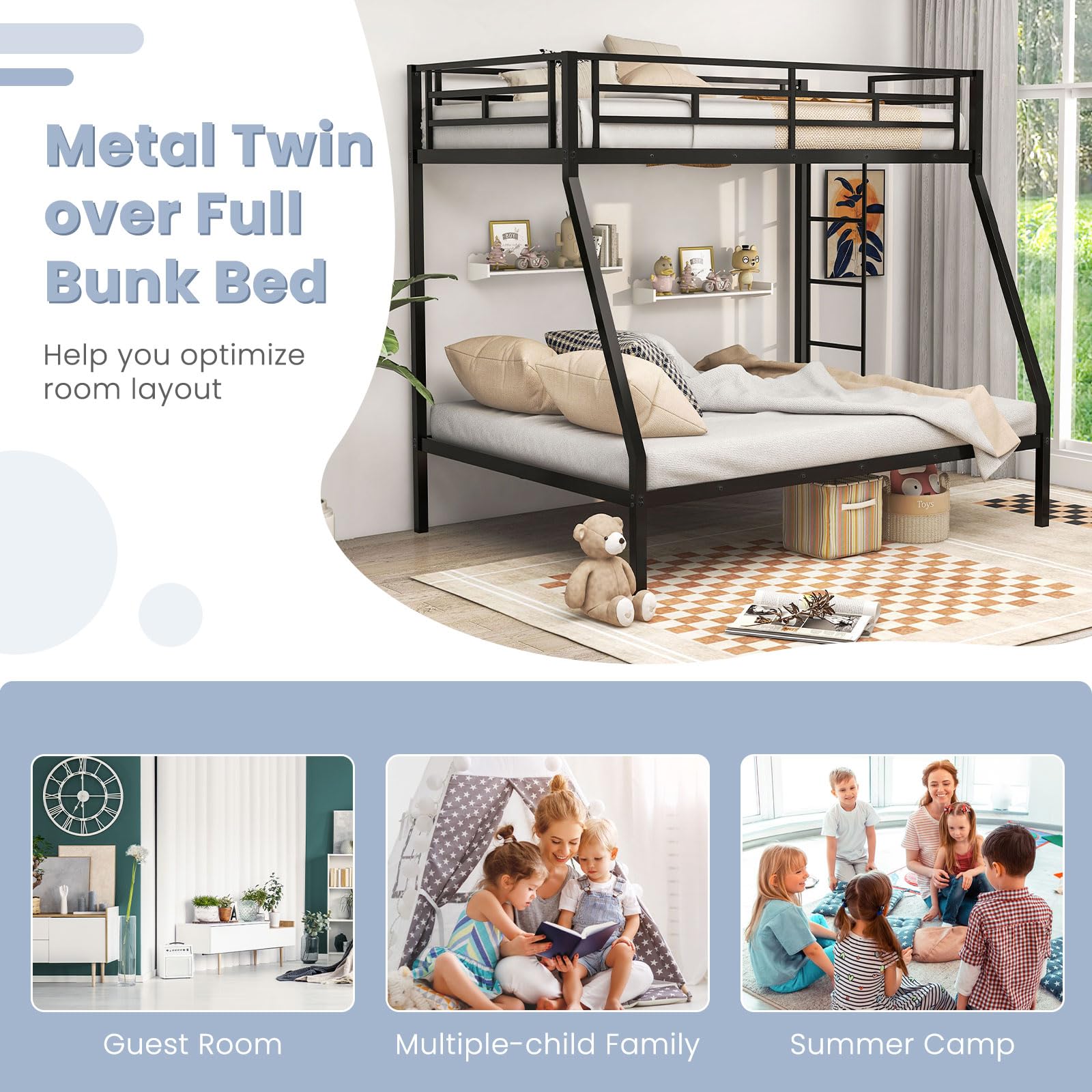 Metal Twin Over Full Bunk Bed, Heavy Duty Bed Frame with Integrated Ladder, Full-Length Guardrails for Teens & Adults