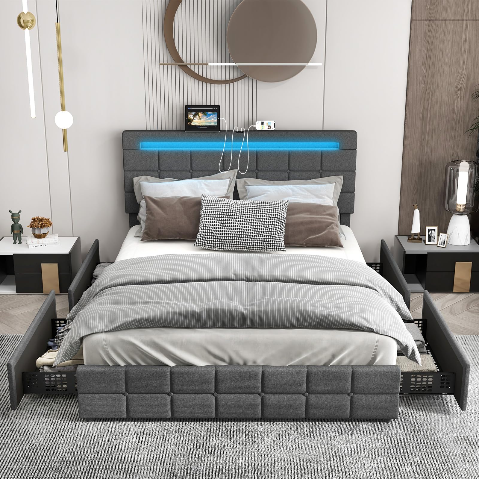 Upholstered Bed Frame with LED Lights and 4 Drawers, Height Adjustable Headboard with USB Ports