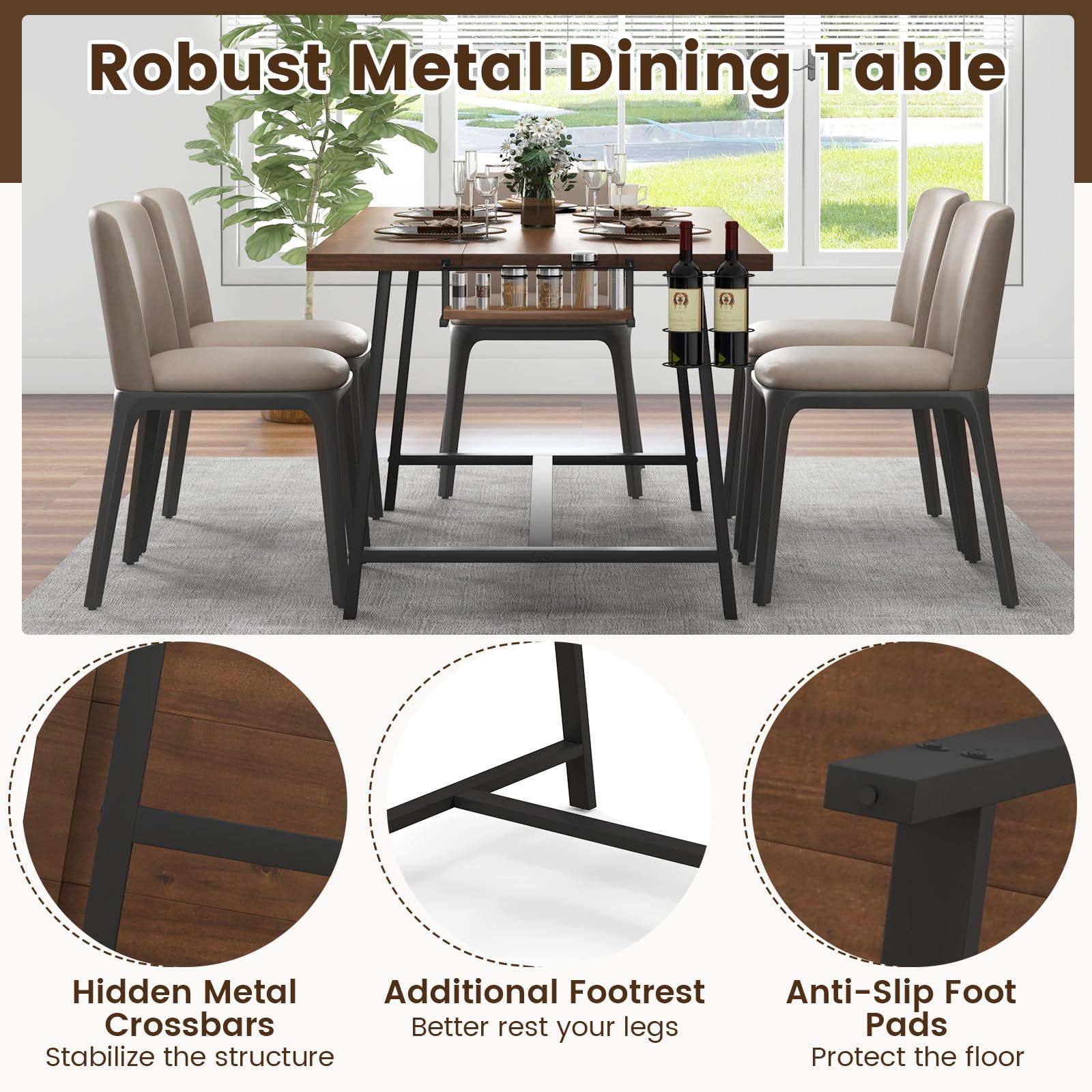 72-Inch Dining Table for 5-7, Rectangular Kitchen Table with 2-Bottle Wine Rack, Condiment Holder & Metal Footrest