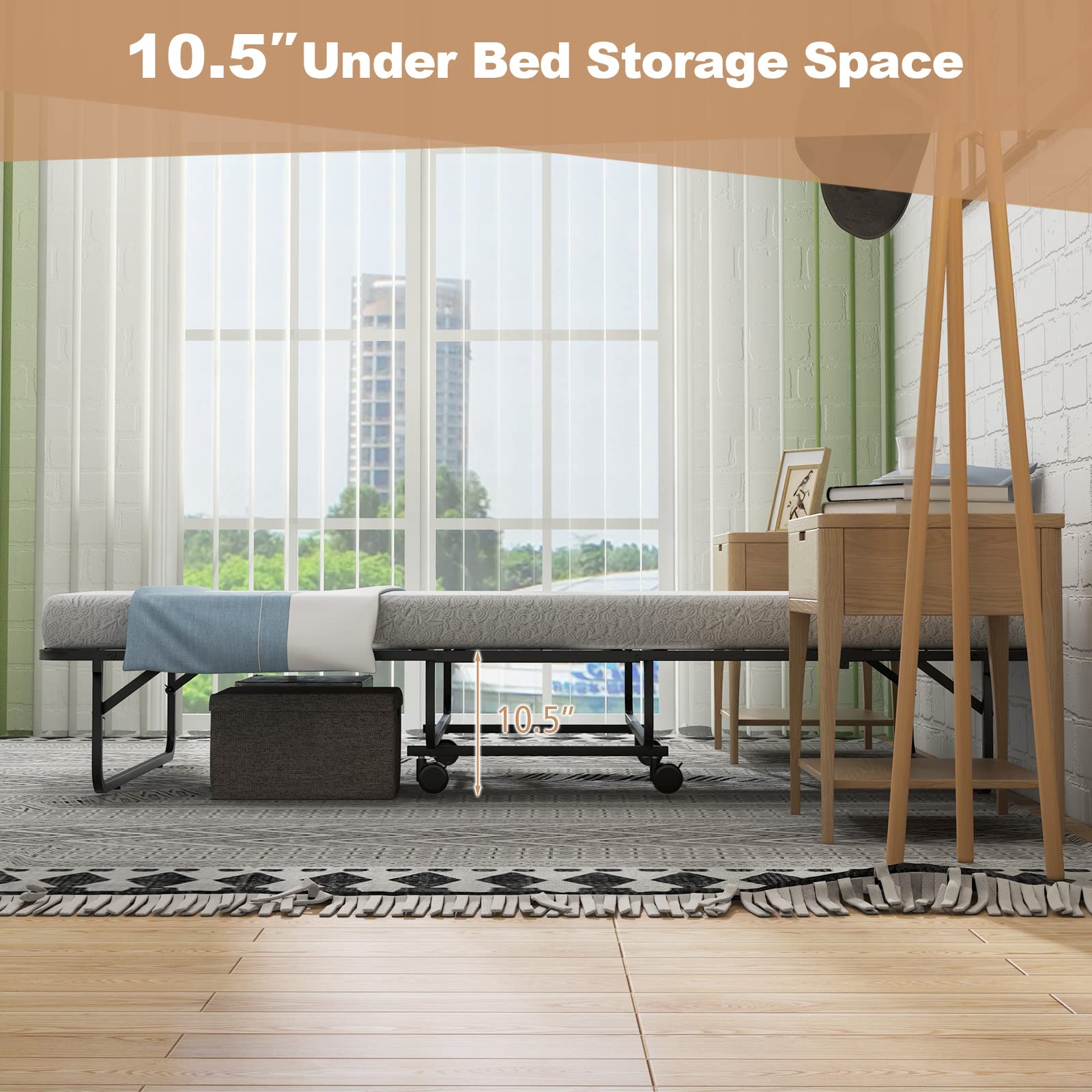 Folding Bed with 4" Mattress for Adults, Twin Size Rollaway Guest Beds w/Sturdy Metal Frame & Memory Foam Mattress
