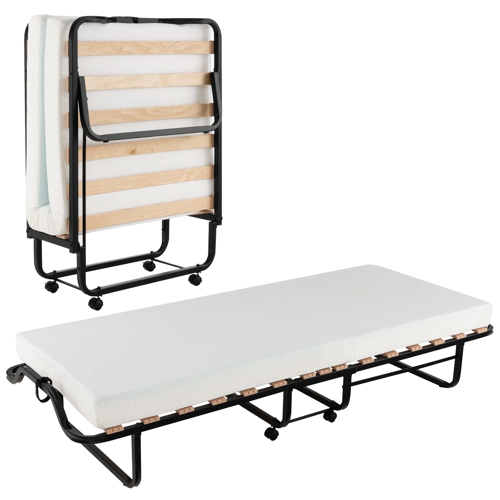 Folding Bed with 4 Inch Mattress for Adults, Cot Size Rollaway Guest Bed w/Memory Foam Mattress & Solid Wood Slats