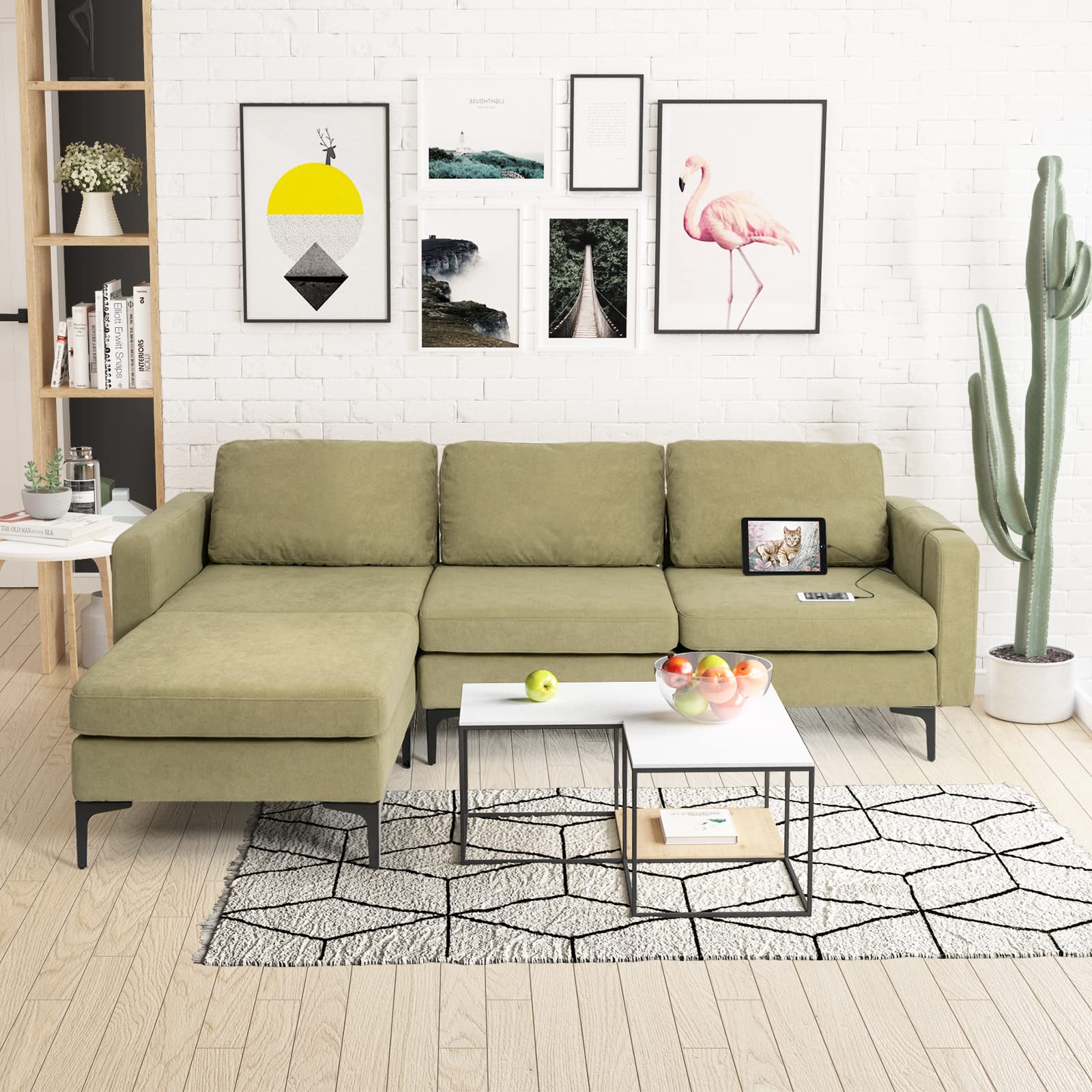 Convertible Sectional Sofa Couch, 3-Seat L Shaped Couch with Reversible Ottoman, Built-in Socket & USB Ports
