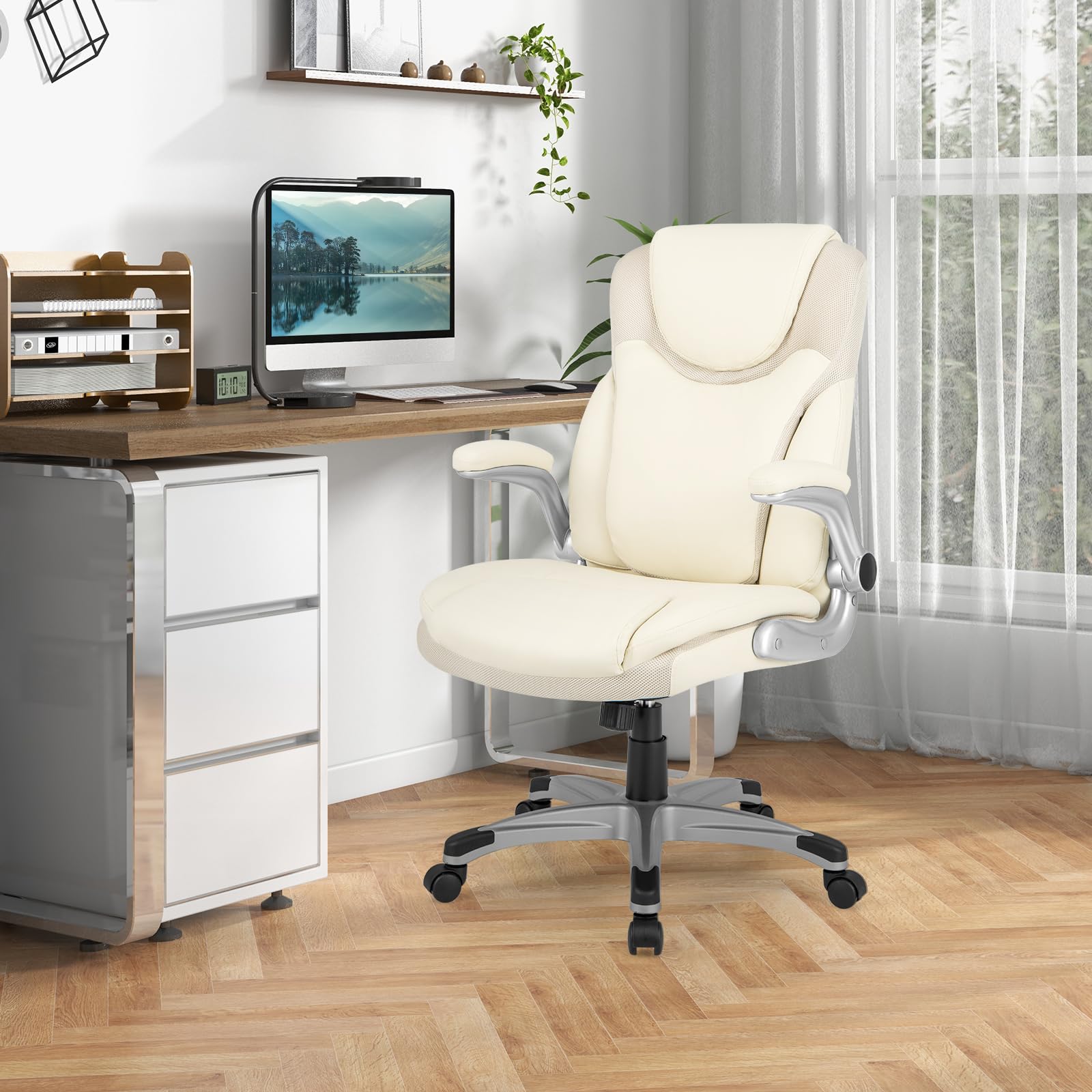 Executive Office Chair, PU Leather Ergonomic Desk Chair with Flip-up Armrests and Height Adjustable