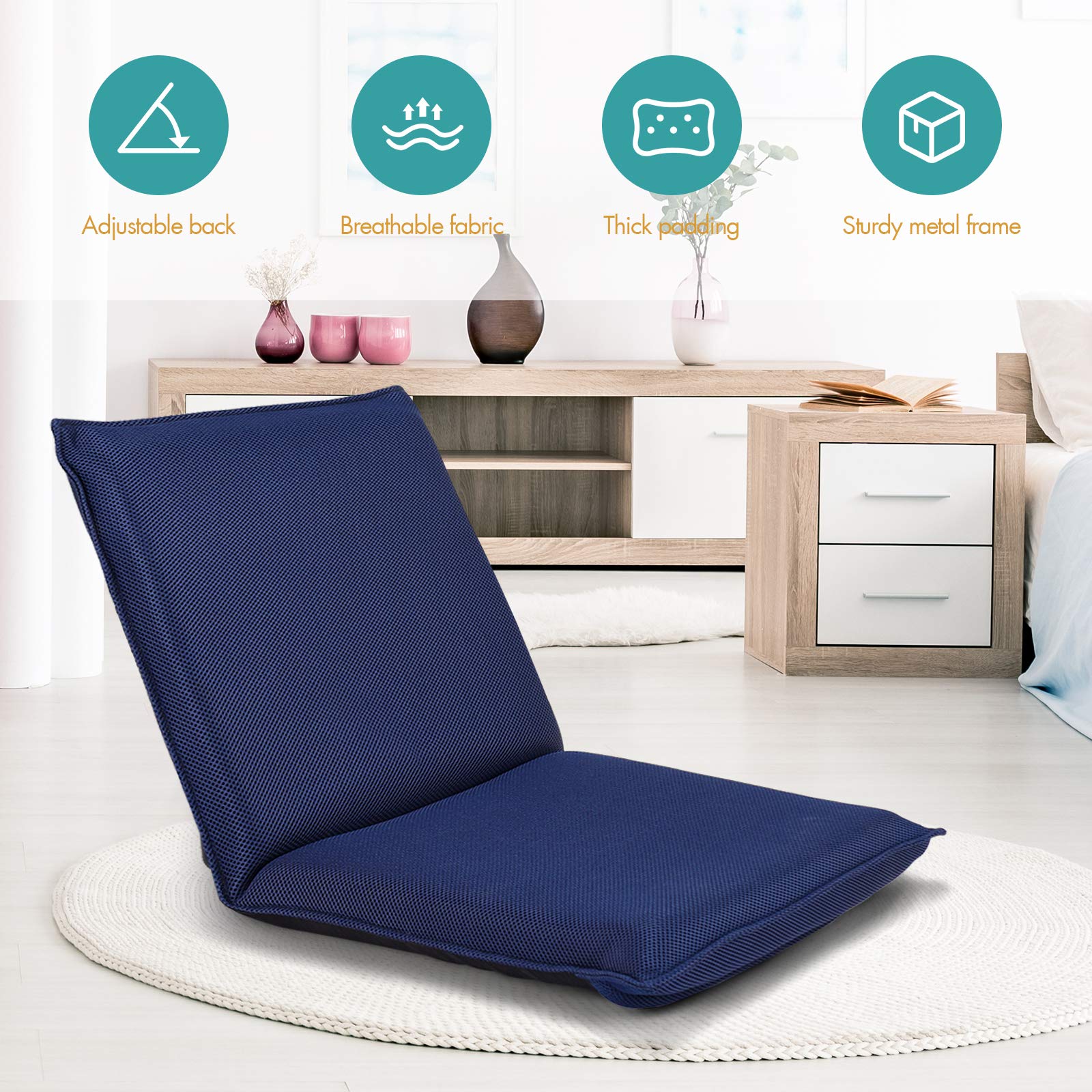 Adjustable Mesh Floor Sofa Chair, 6-Position Multi-Angle Padded Floor Chair for Gaming Reading Meditation