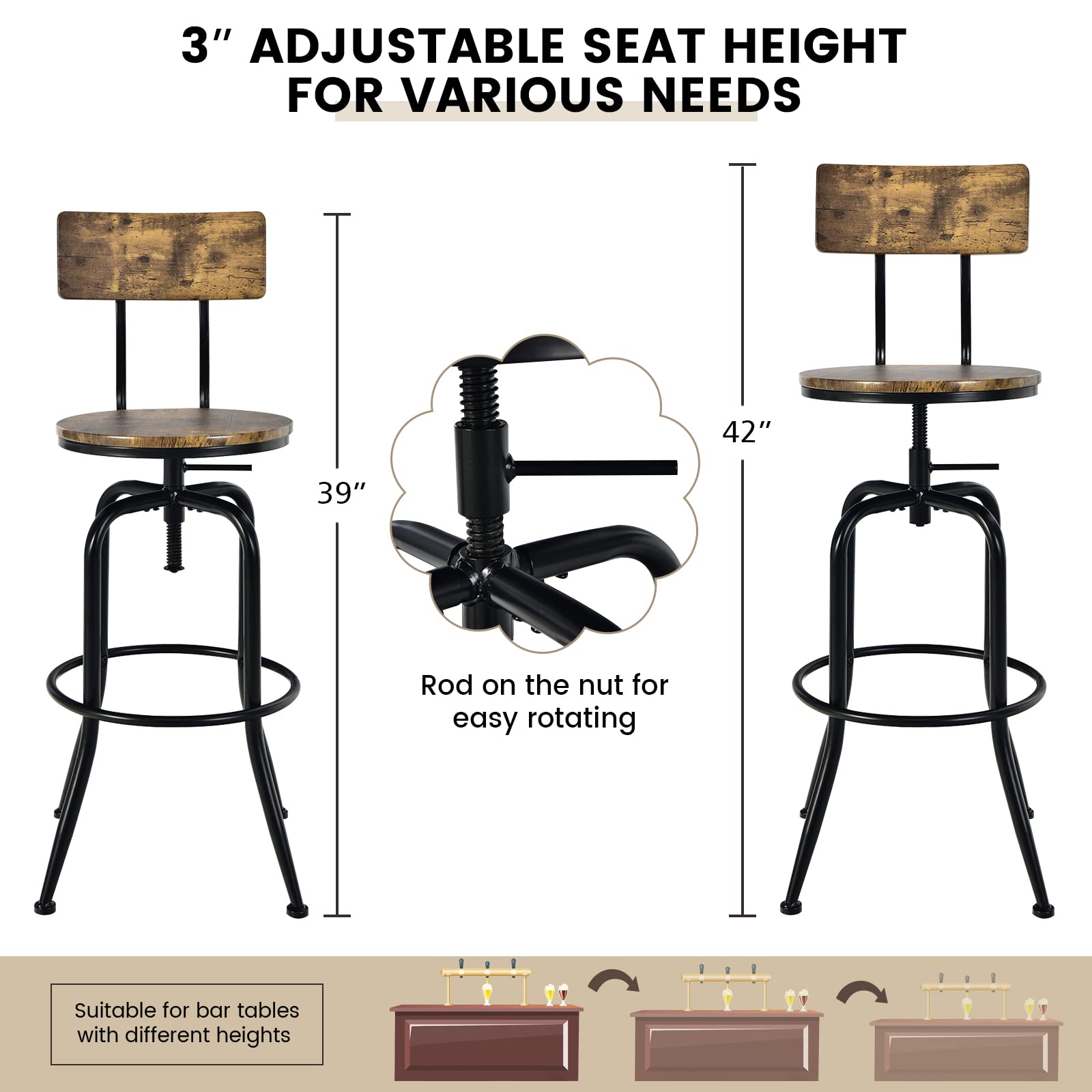 Bar Stools Set of 2/4, Industrial Counter Height Bar Chairs with Height Adjustable Seat, Arc-shaped Backrest & Footrest
