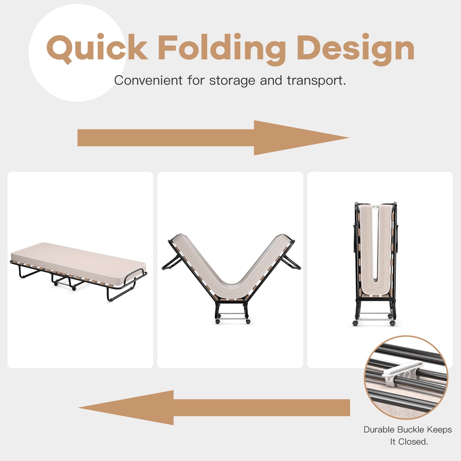 Folding Bed with Mattress for Adults, Rollaway Guest Beds w/Memory Foam Mattress & Metal Frame