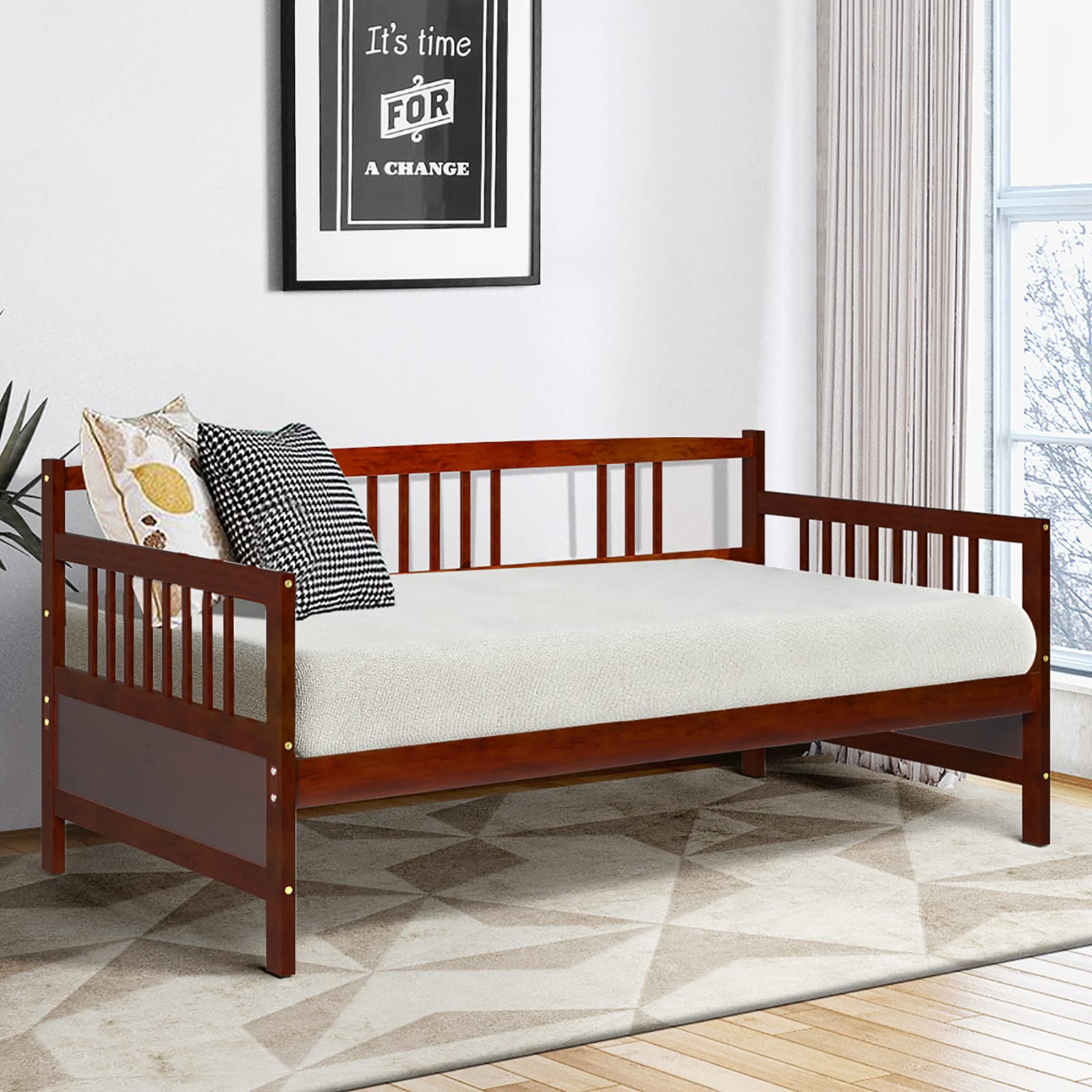 Twin Daybed Frame, Wooden Sofa Bed Guest Bed with Rails & Wood Slat Support