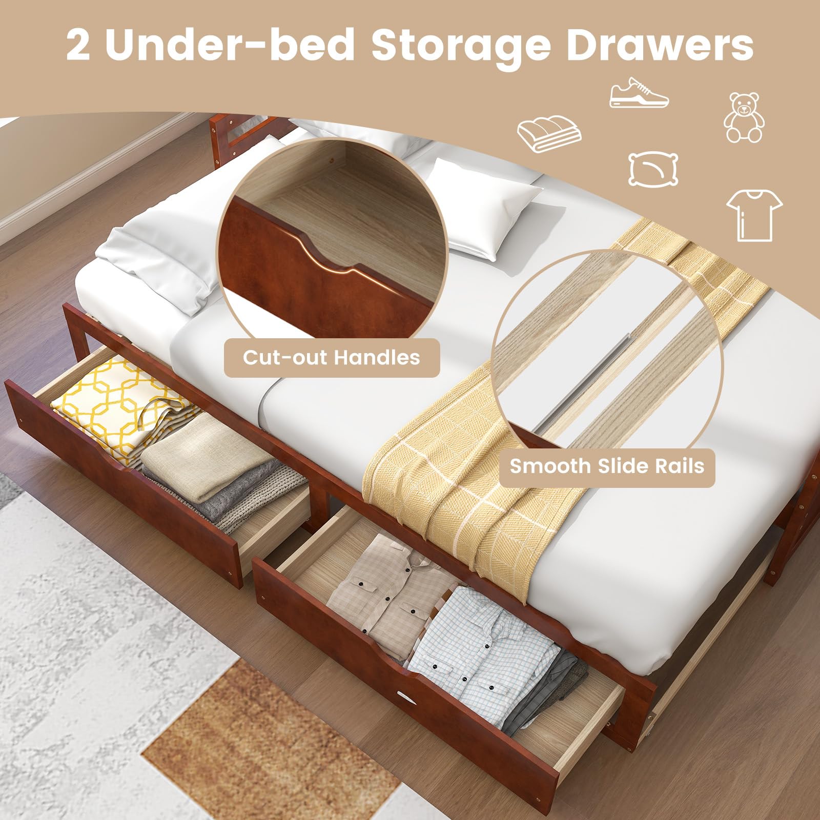 Wood Daybed with Trundle, Extendable Twin to King Daybed Frame with 2 Storage Drawers