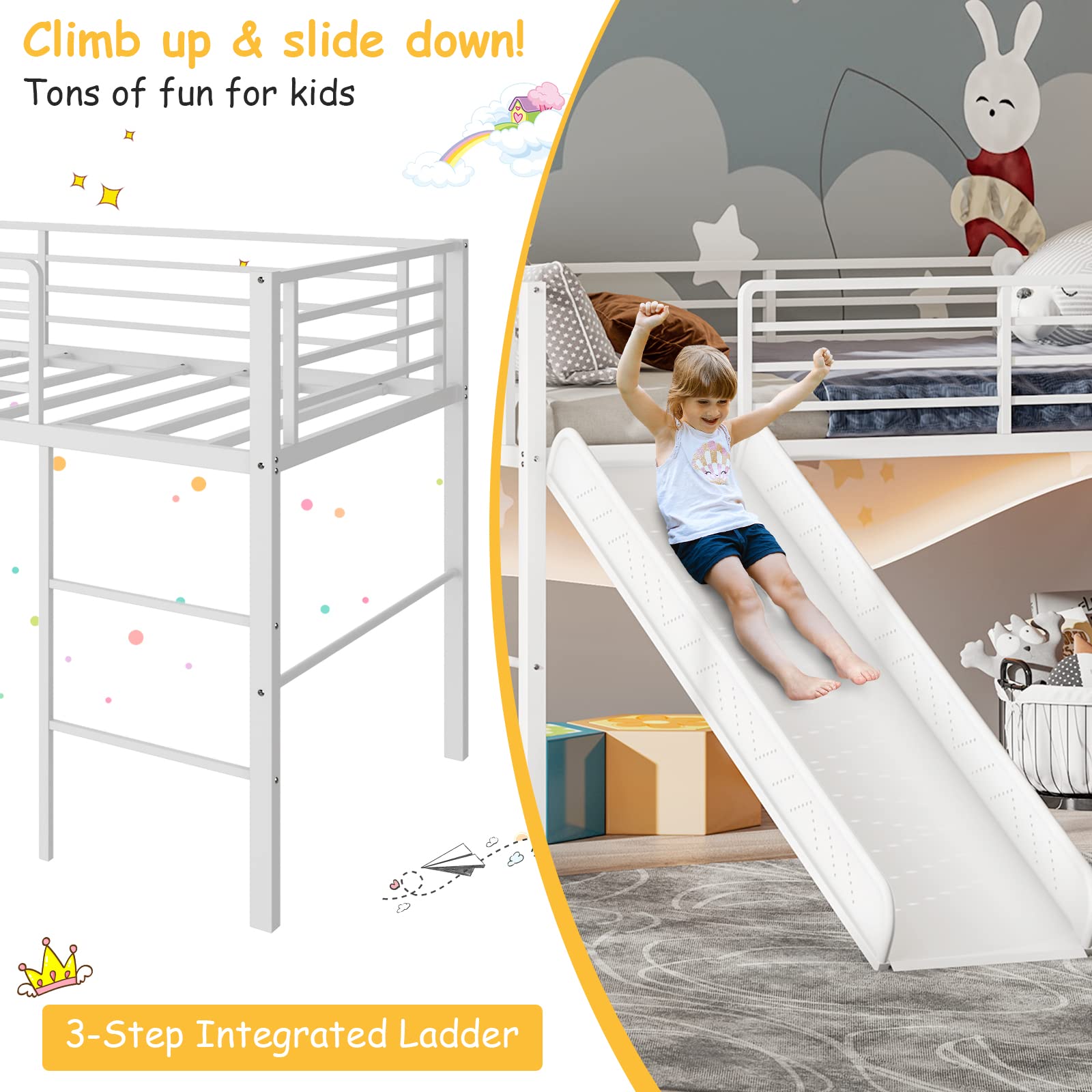 Twin Metal Low Loft Bed with Slide, Safety Guardrails & Built-in Ladder