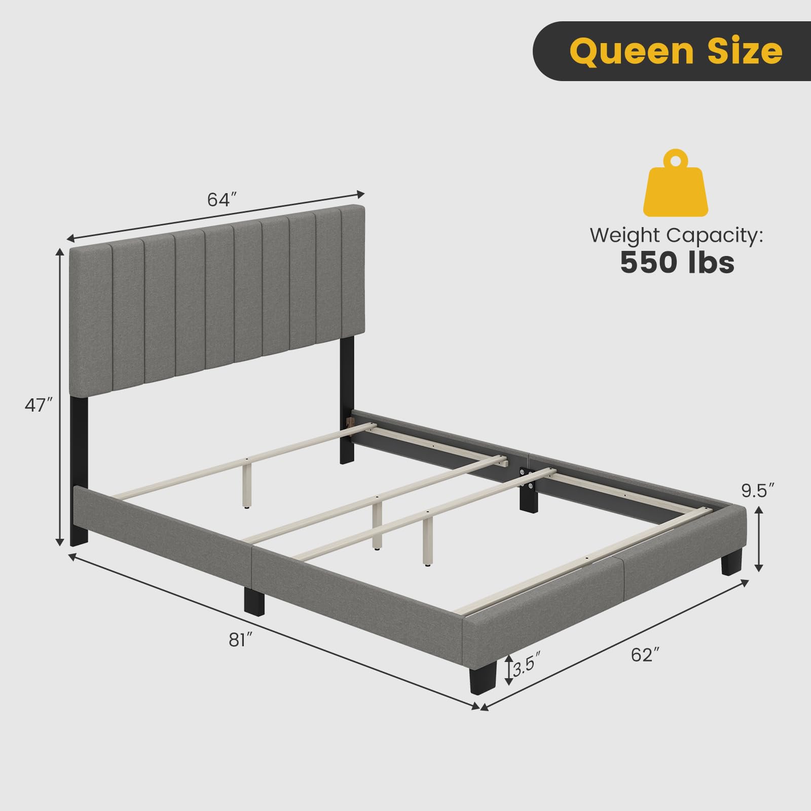 Queen Size Upholstered Bed Frame with Vertical Channel Tufted Headboard
