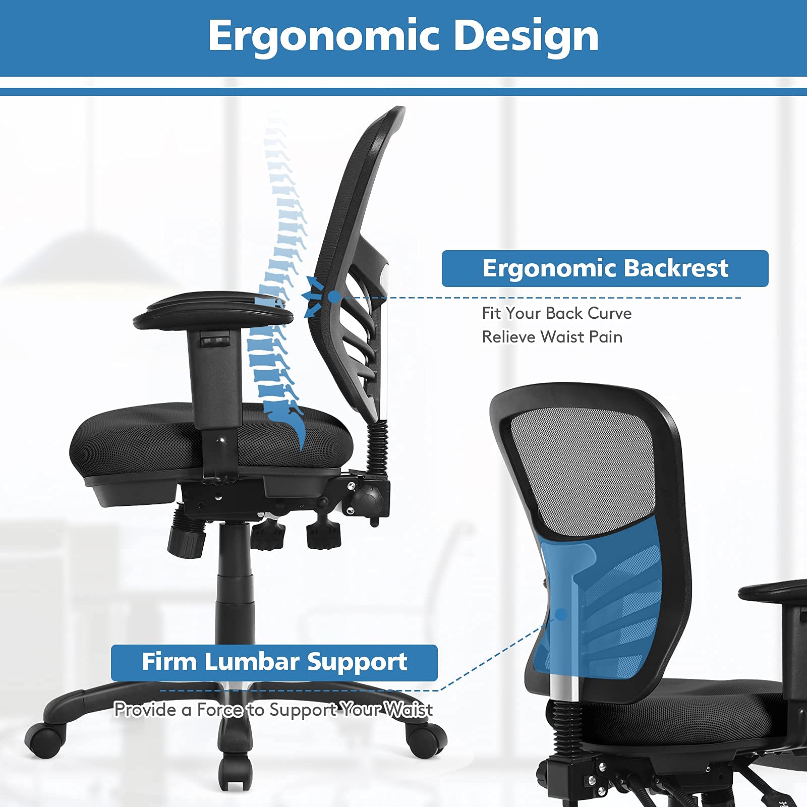 Mid-Back Managers Mesh Office Chair with Height Adjustable Backrest & Armrest, Seat Tilt Adjustment