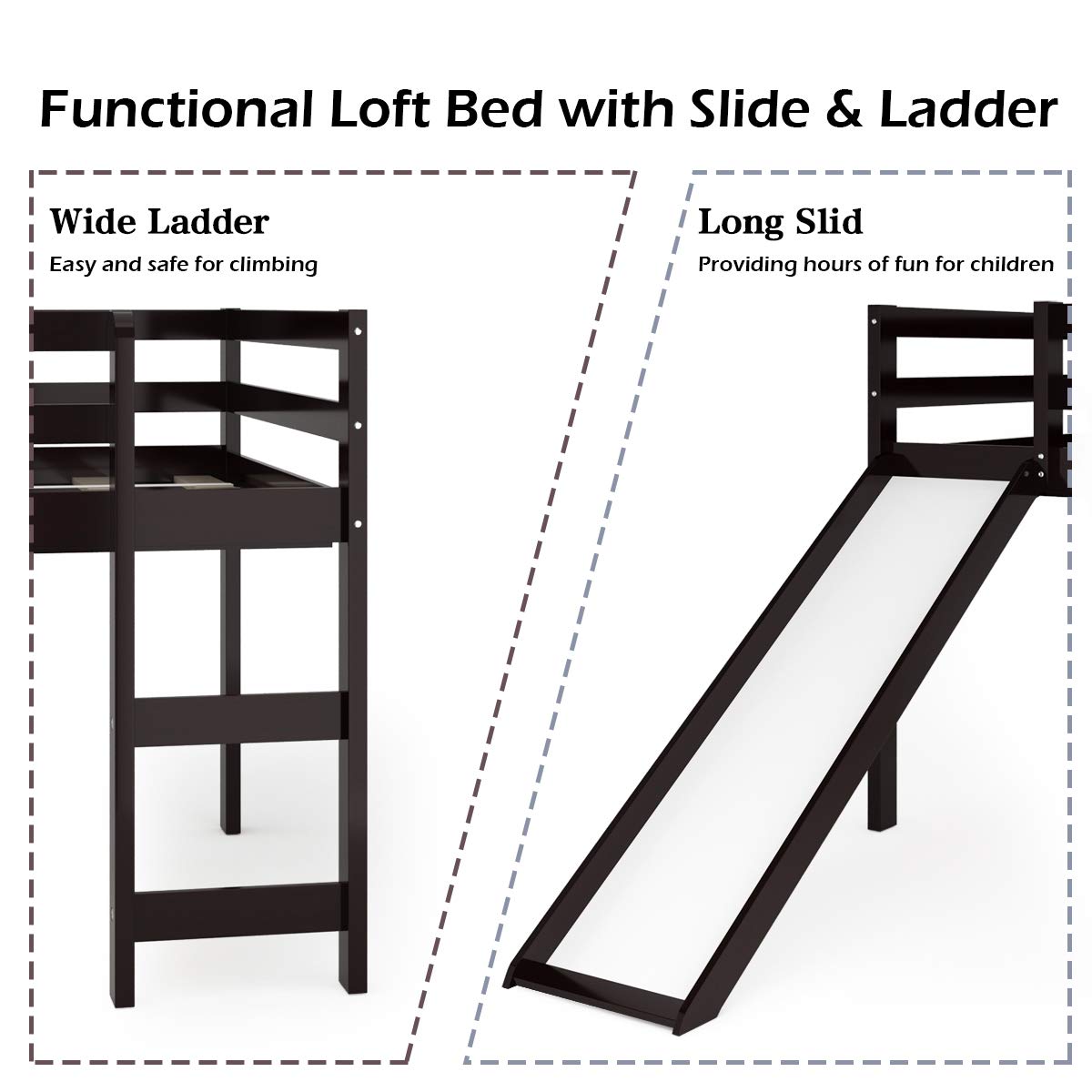 Twin Size Wood Low Loft Bed with Slide, Ladder & Guard Rail