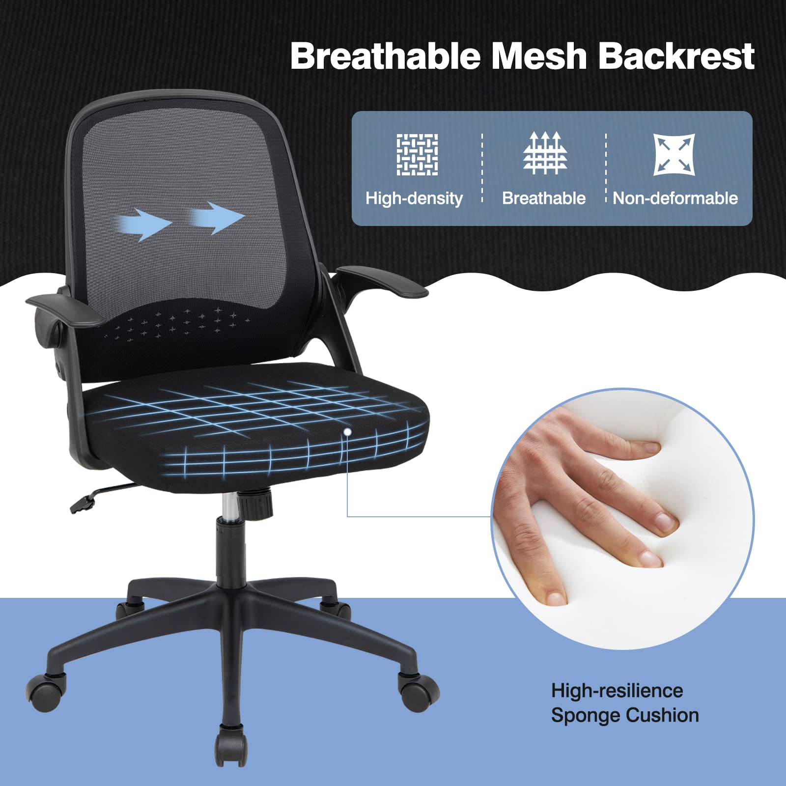 Mid-Back Height Adjustable Swivel Mesh Office Chair with Flip-up Armrests, Lumbar Support