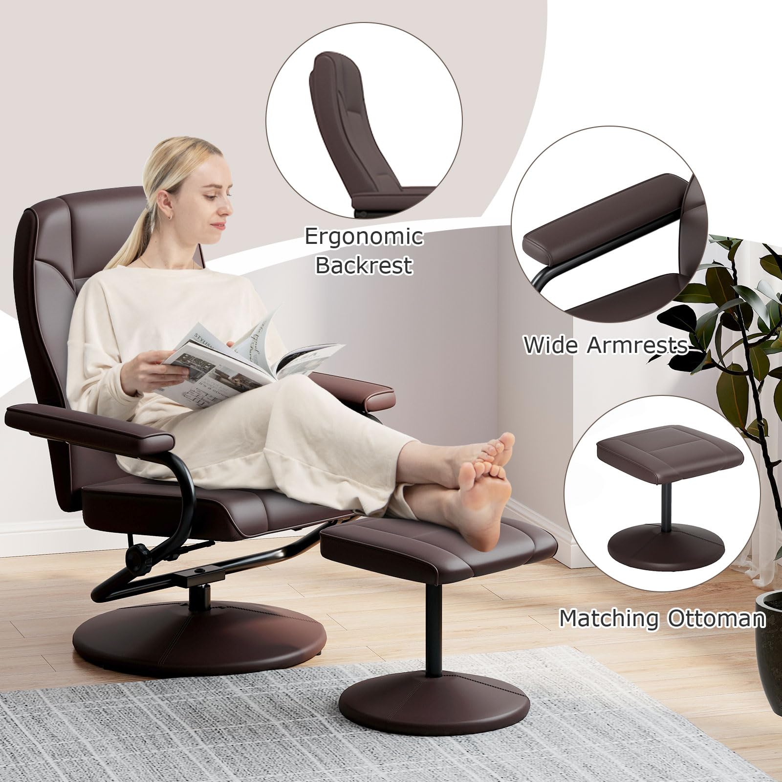 Recliner Chair with Ottoman, 360&deg; Swivel Faux Leather Reclining Chair w/Adjustable Backrest, Footrest