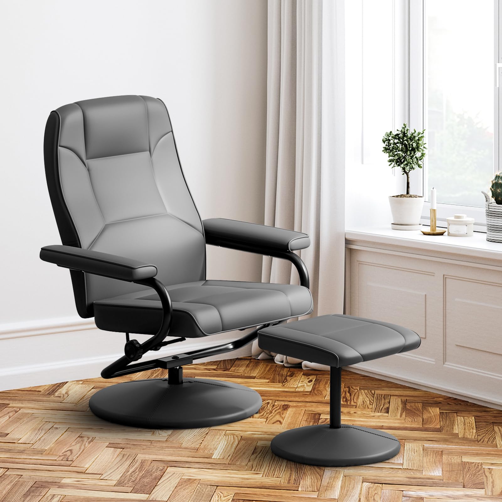 Recliner Chair with Ottoman, 360&deg; Swivel Faux Leather Reclining Chair w/Adjustable Backrest, Footrest