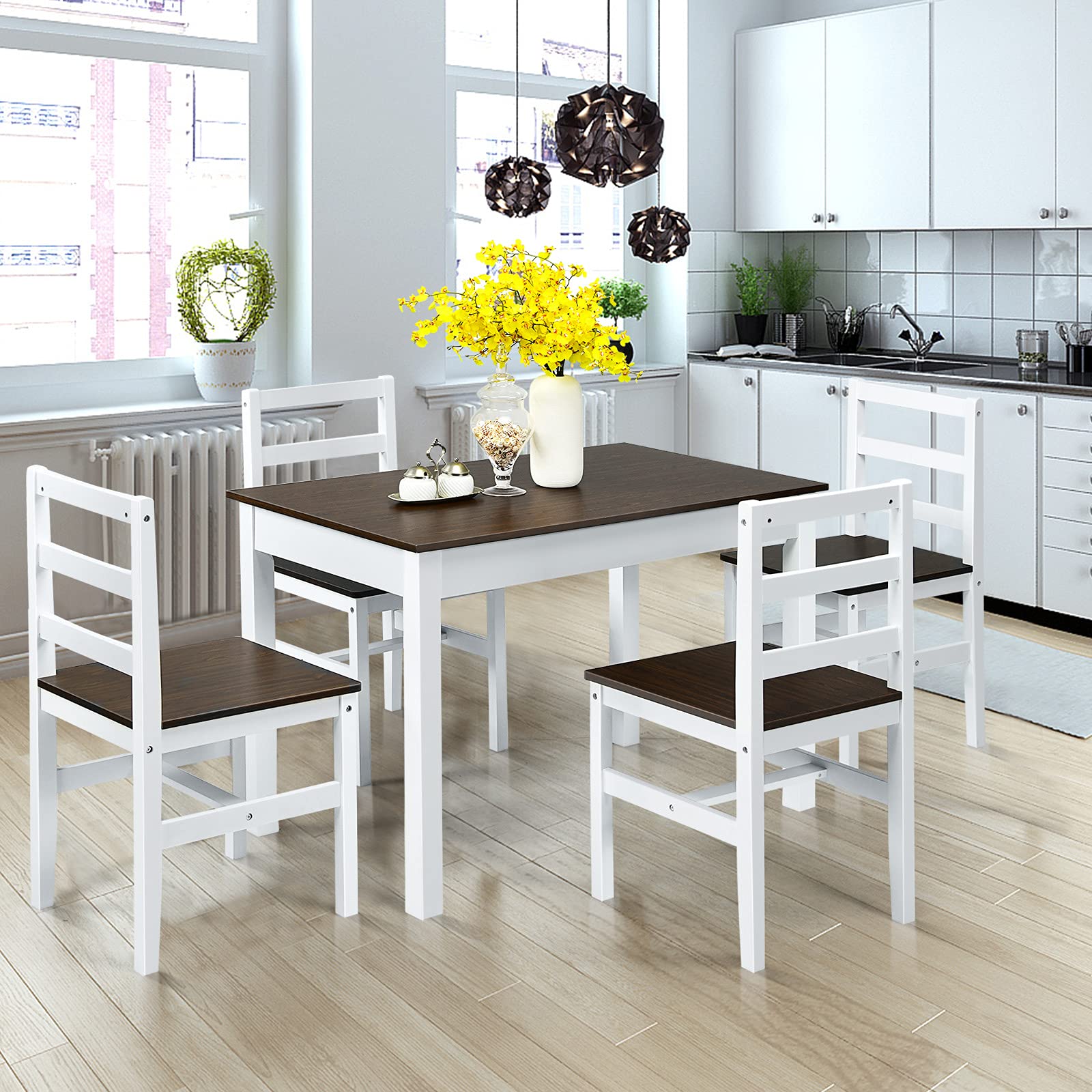 5 Piece Dining Set of 4, Solid Wood Rectangular Table & 4 Chairs, Farmhouse Dinette Set w/Pine Wood Legs