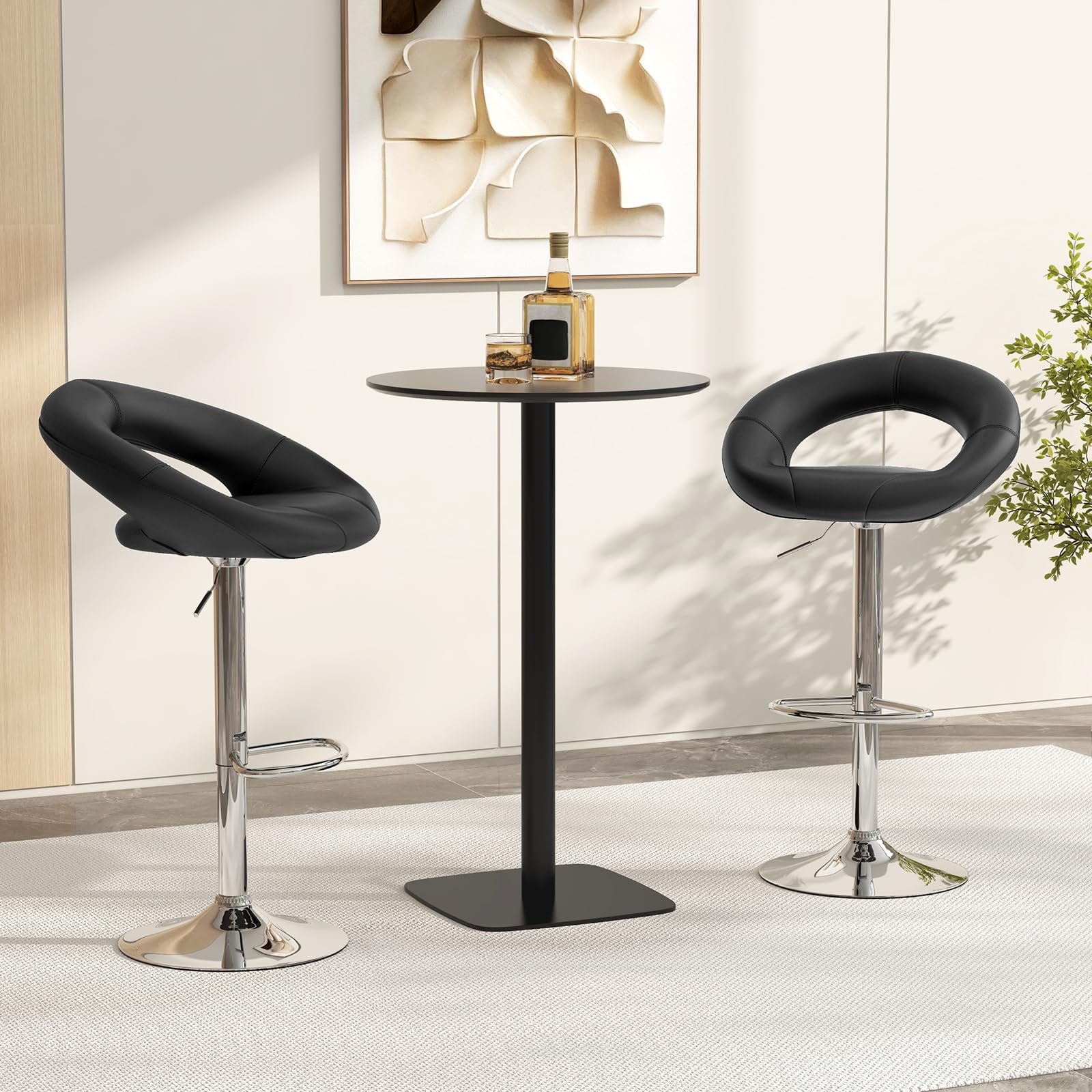 Adjustable Swivel Bar Stools Set of 2/4, Modern PU Leather Counter Height Bar Chairs w/Hollowed Back, Footrest, Metal Base
