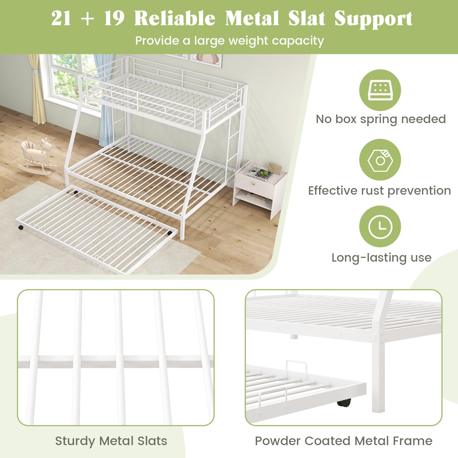 Twin Over Full Heavy-Duty Metal Bunk Bed with Trundle, Guardrail & 2 Ladders